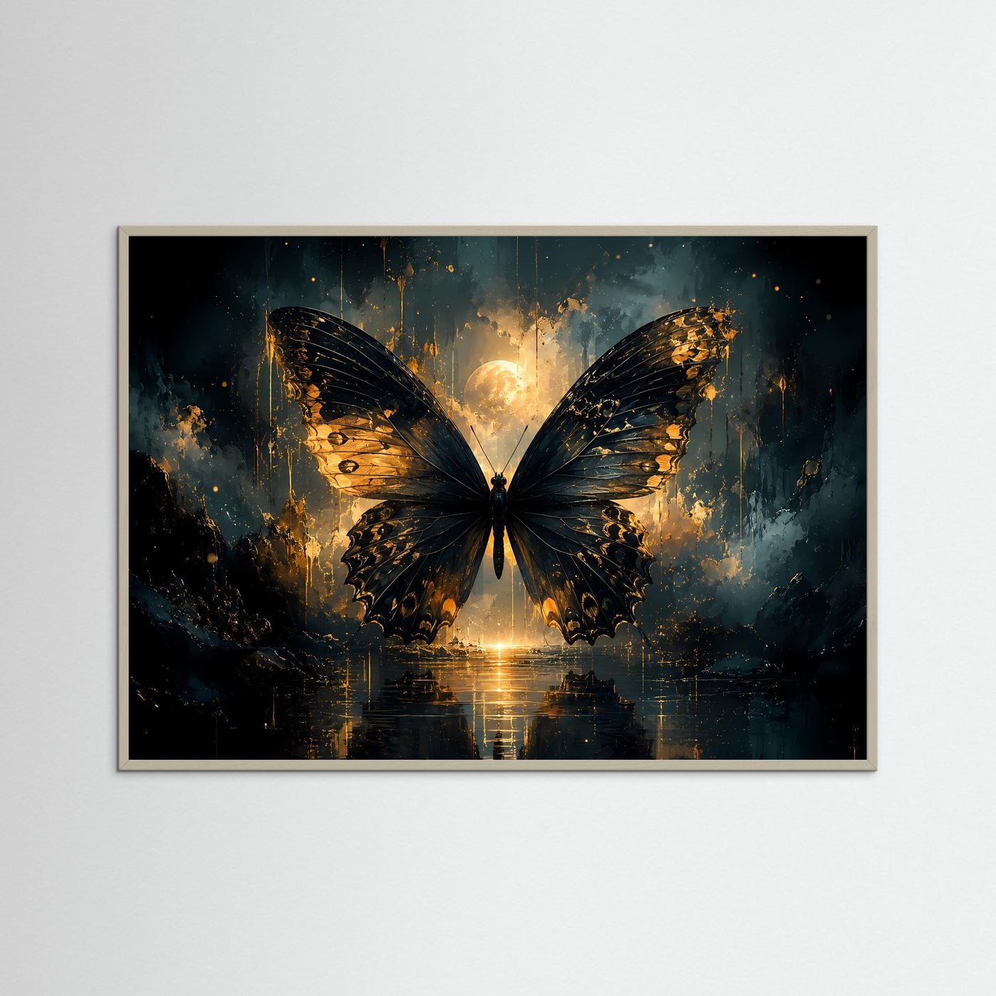 Schmetterlingsposter mit goldenen Flügeln im grauen Holzrahmen, abstrakte Fantasykunst