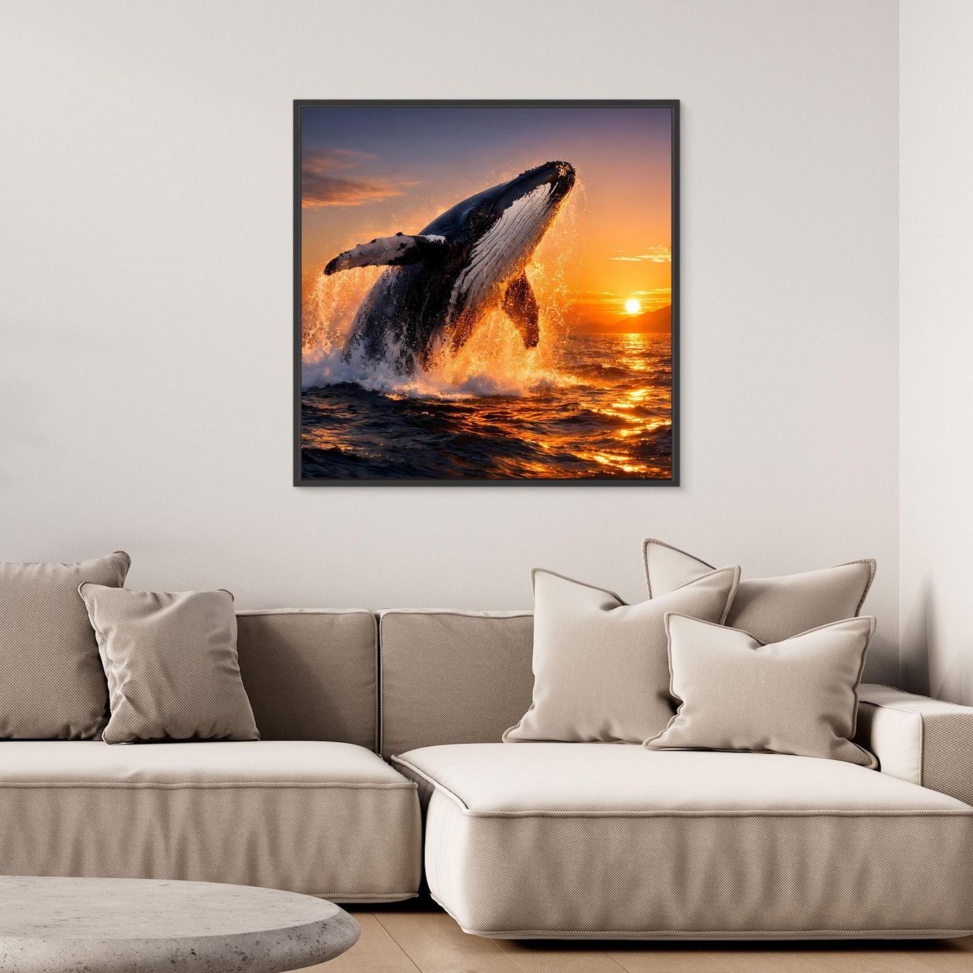 Leinwandbild mit springendem Buckelwal, schwarz gerahmt, Sonnenuntergang über dem Meer