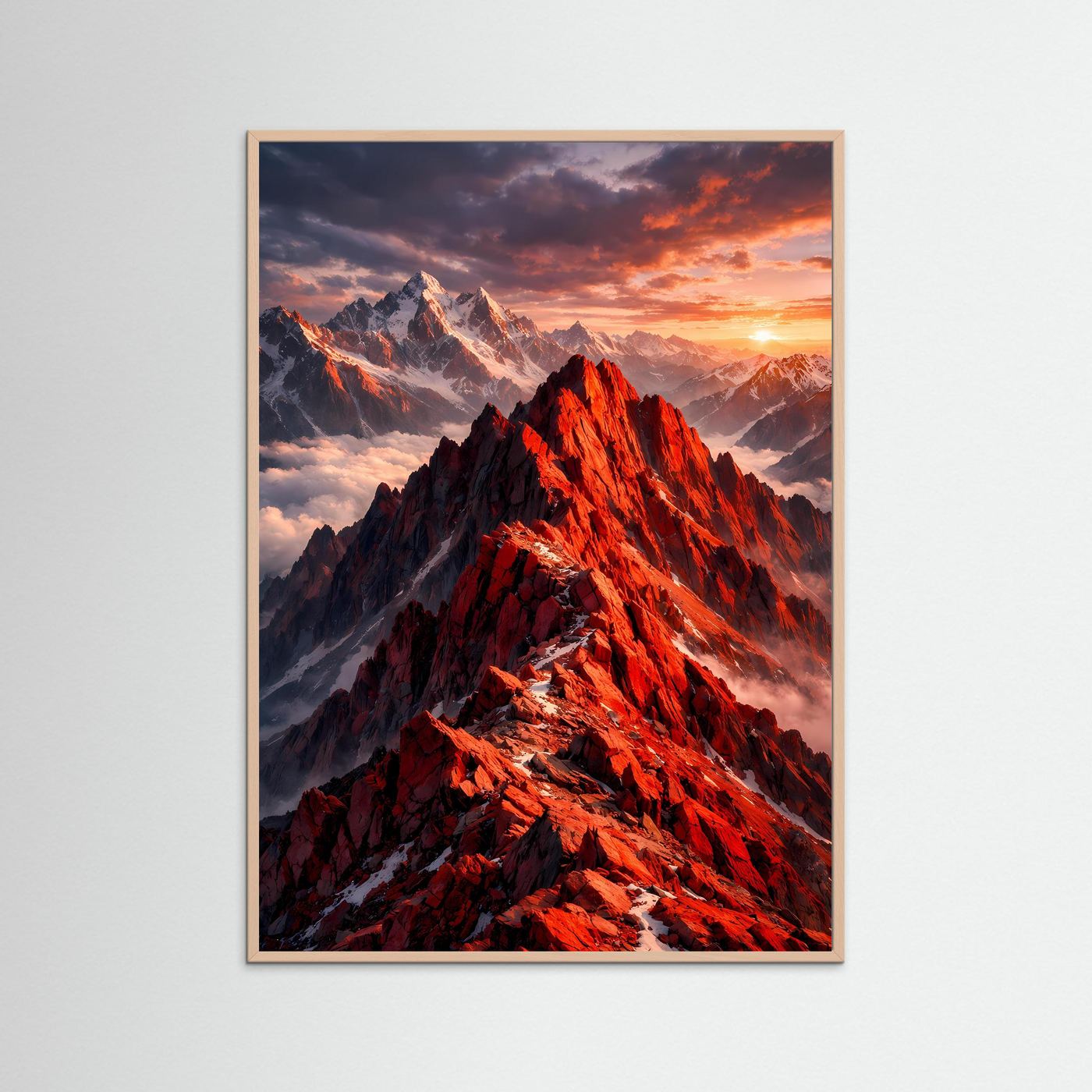 Bergposter im Hochformat mit Holzrahmen: leuchtend rote Bergkämme im Sonnenuntergang
