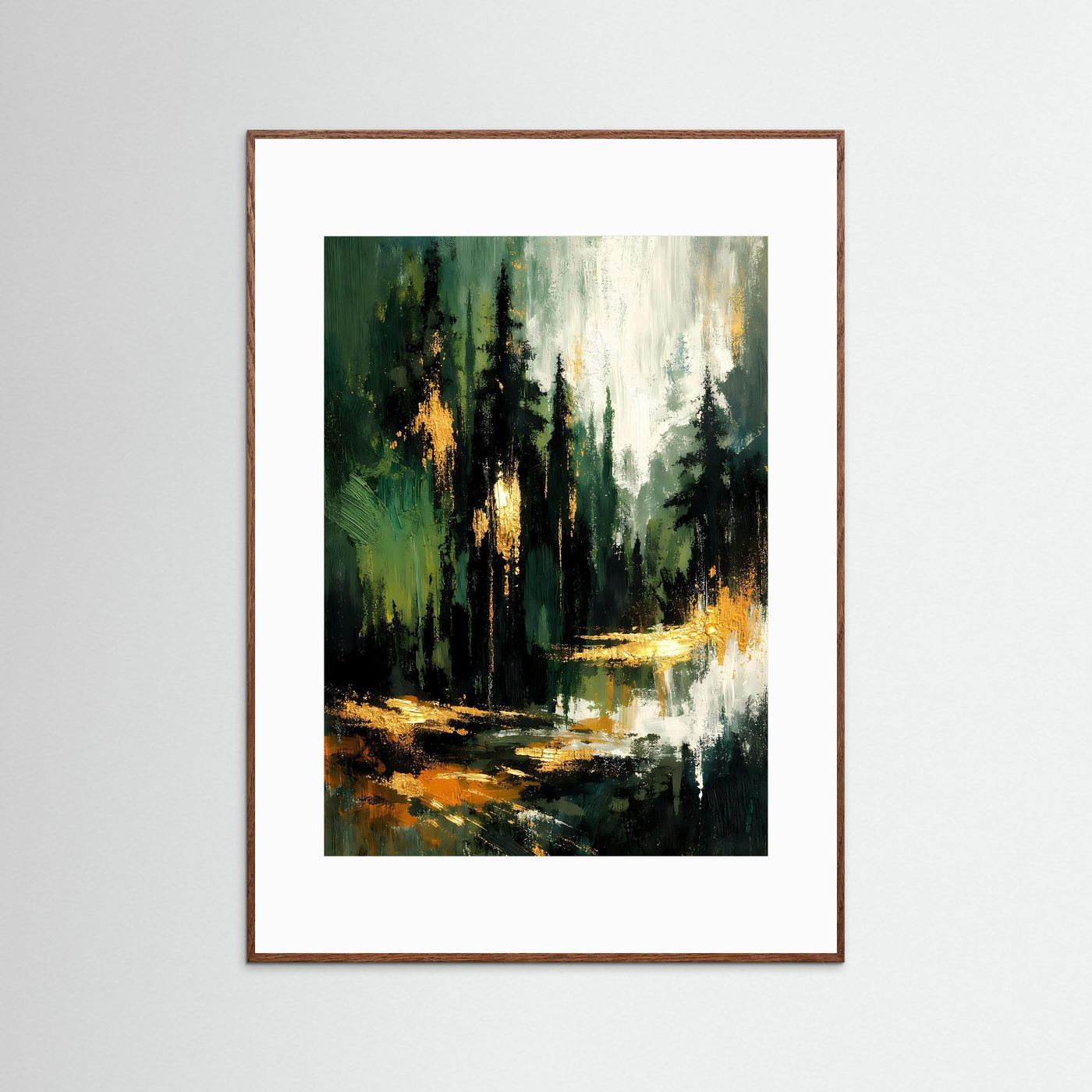 Abstraktes Tannenwald-Poster im dunkelbraunen Holzrahmen, mit goldenen Lichtspuren