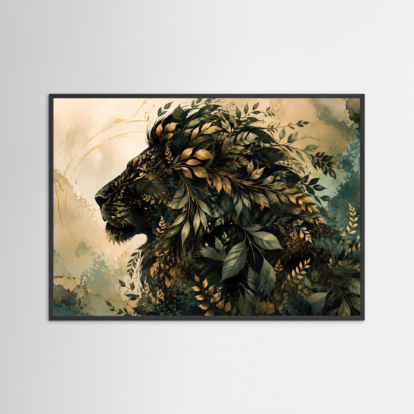 Löwe aus Blättern Poster | Botanischer Löwenkopf mit Goldakzenten | Elegante Tier Wandkunst | Abstrakte Naturkunst | Premium Leinwand & Wall Art