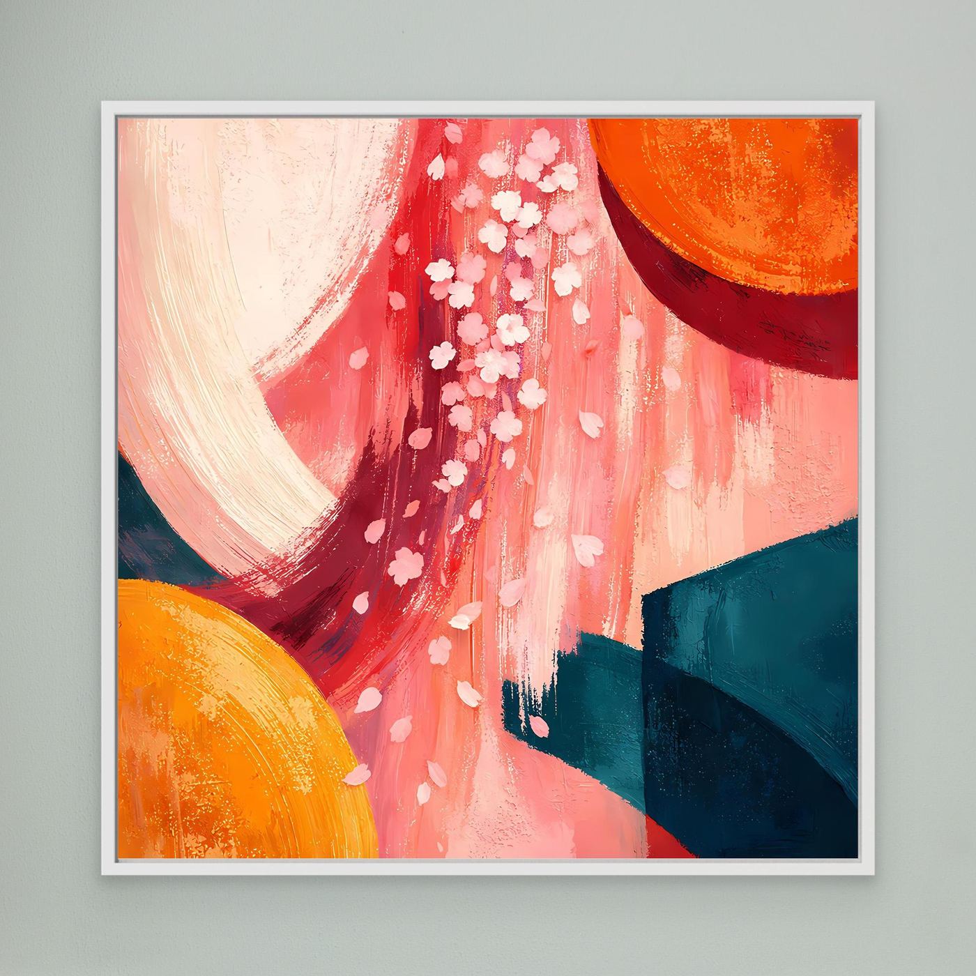 Leinwandbild abstrakte Kirschblüten in Rot, weiße Blüten; Orange und Blaugrün, weiß gerahmt