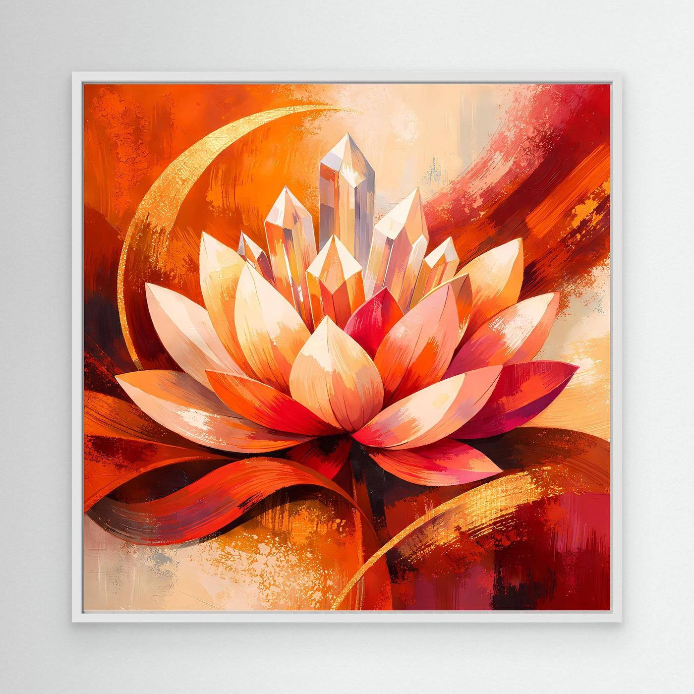 Leinwandbild mit abstrakter Lotusblüte in Orange und Rot, mit weißem Rahmen