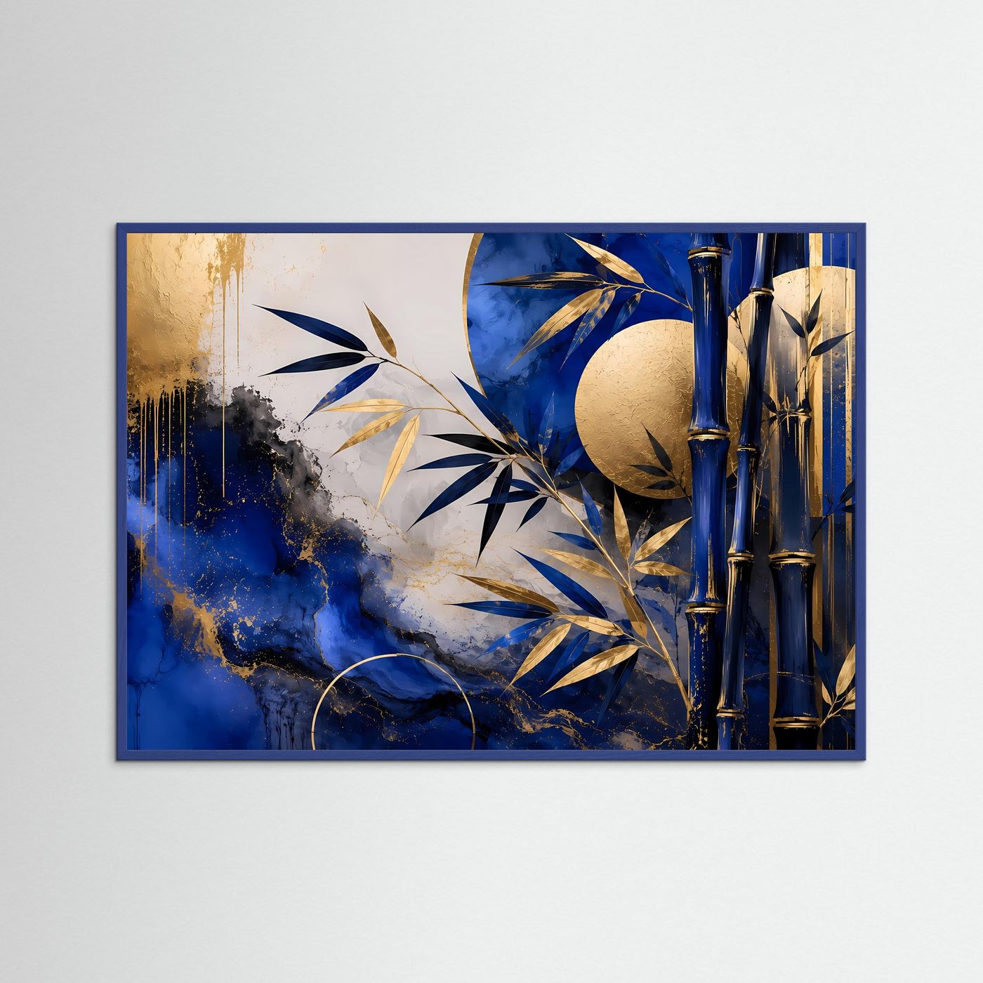 Bambus Gold Blau Poster | Japanische Wandkunst Modern | Abstraktes Bambus Wandbild in Blau und Gold