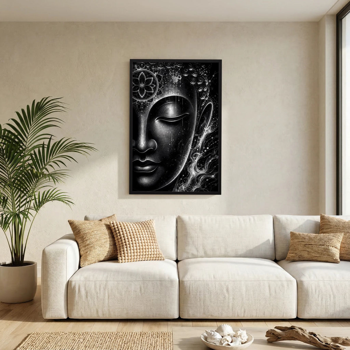 Gerahmtes Poster mit Buddha-Gesicht in Schwarzweiß, Mandala und Licht-Details im Hochformat