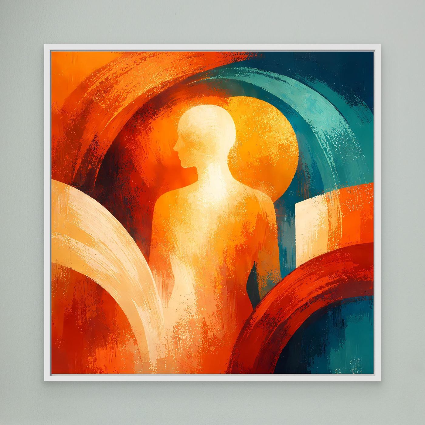 Abstraktes Wandbild mit Silhouette, orange-gelber Sonne, großer Bogenform, weiß gerahmt