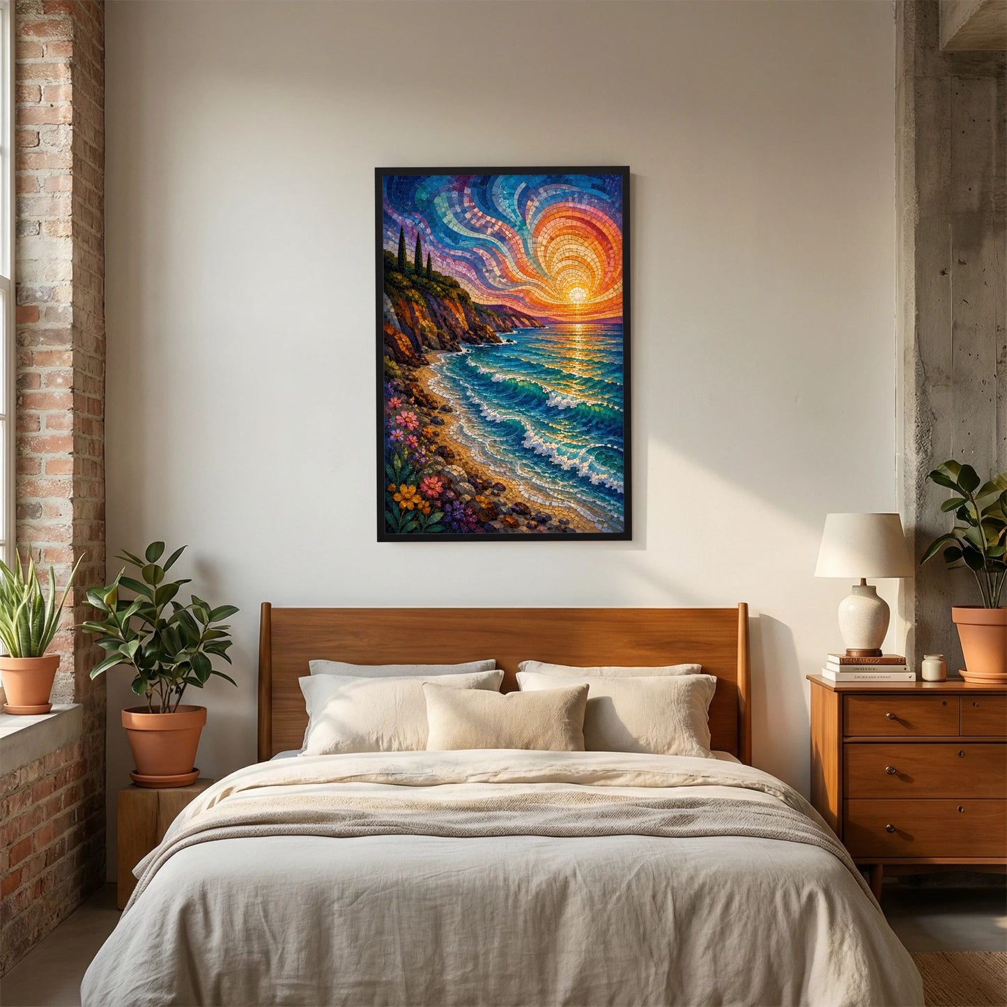 Mediterrane Küste im Mosaikstil | Sonnenuntergang am türkisblauen Meer | Poster Hochformat