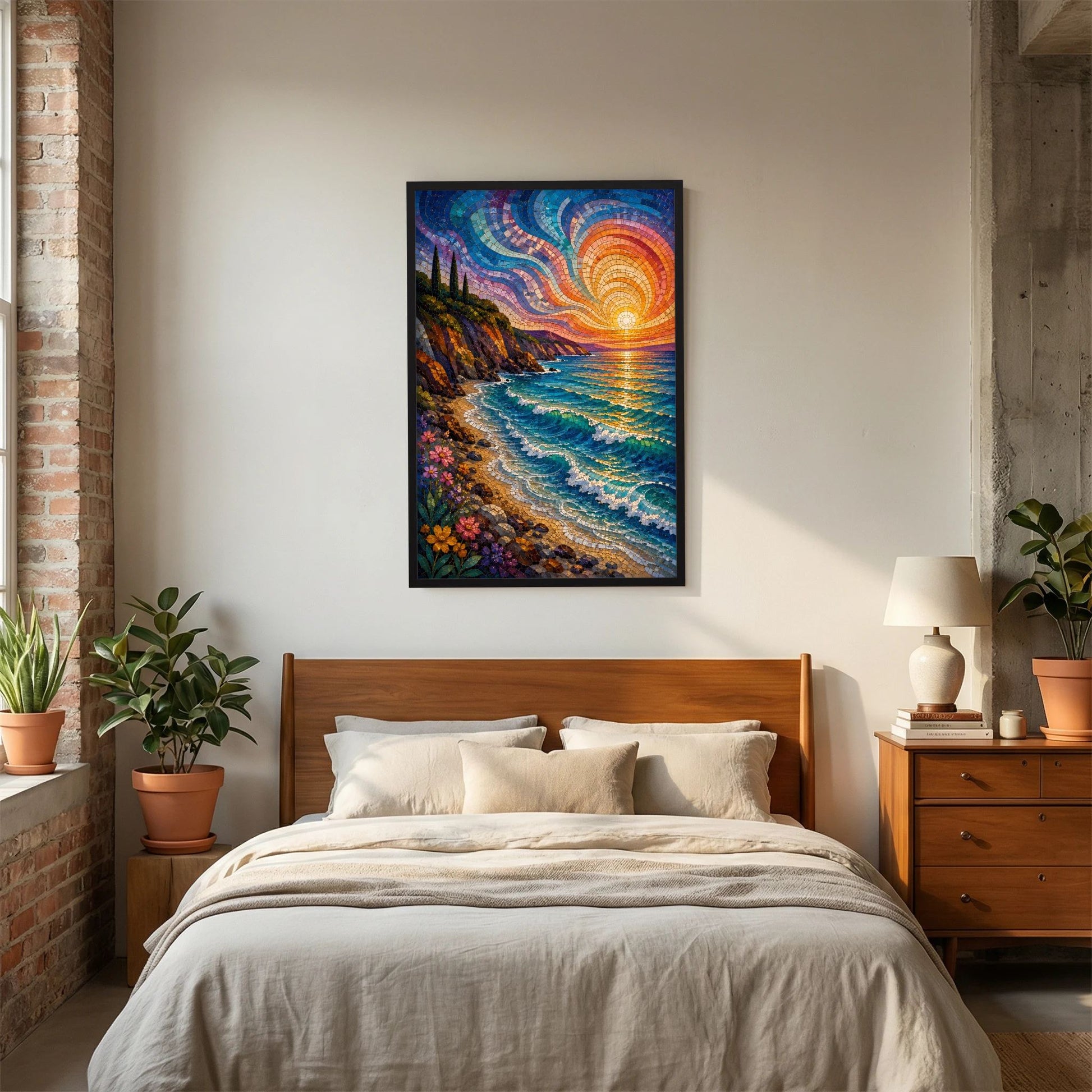 Mediterrane Küste im Mosaikstil | Sonnenuntergang am türkisblauen Meer | Poster Hochformat