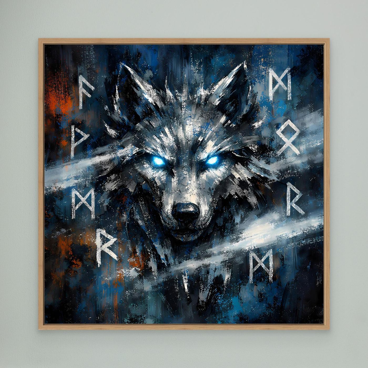 Wandbild auf Leinwand mit Fenrir-Wolfkopf, leuchtenden Augen und Runen-Zeichen; Eichenrahmen
