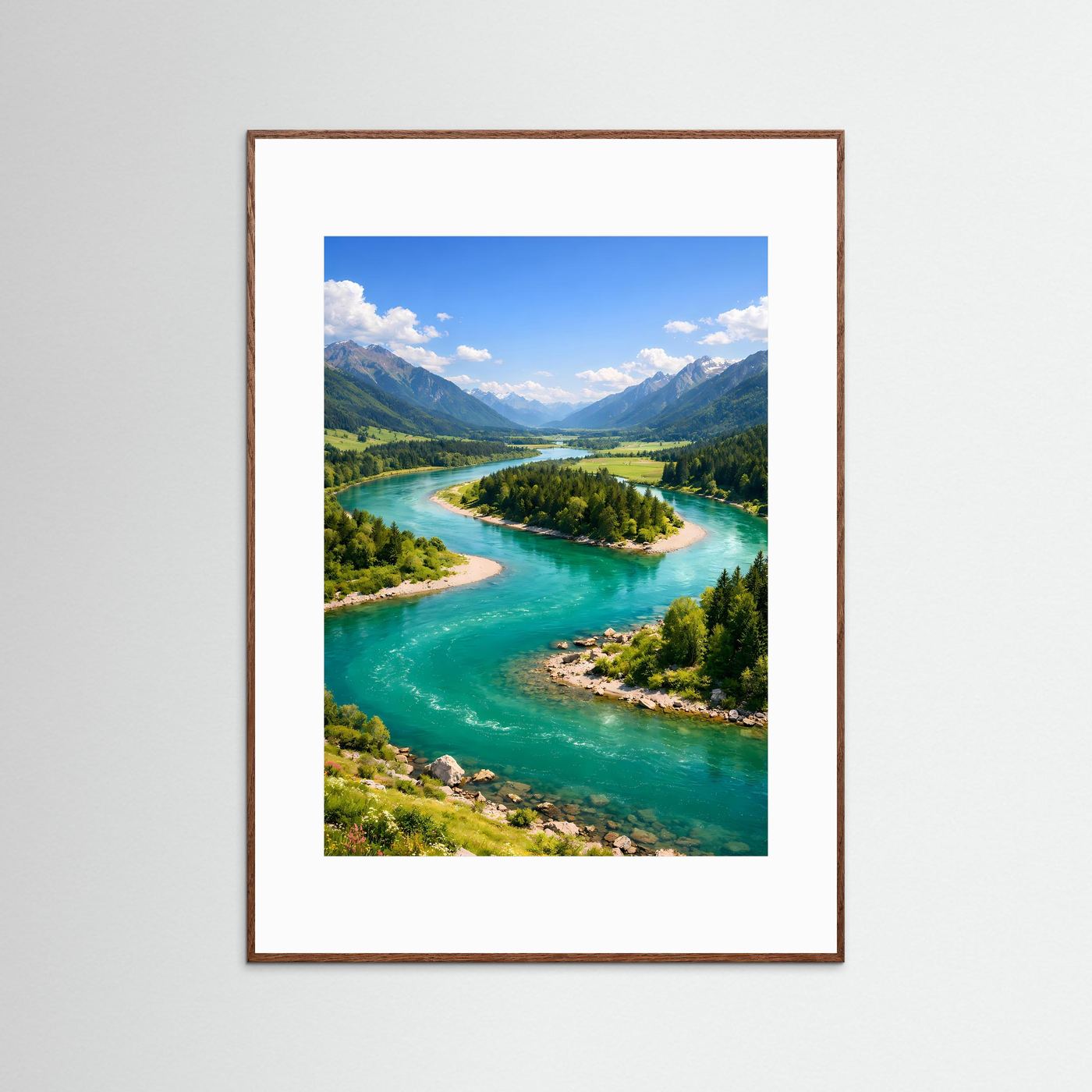 Naturposter mit Flusslandschaft in Türkis und Grün, Alpenbergen und dunkelbraunem Rahmen