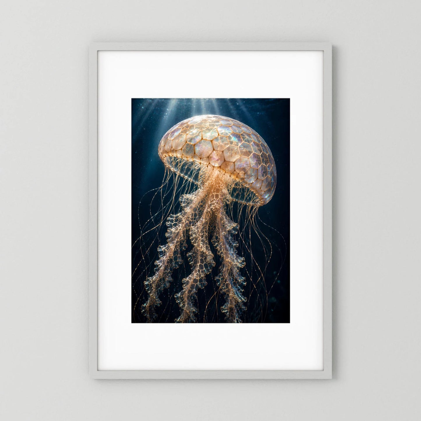Gerahmtes Poster mit goldener Qualle auf dunklem Meeresgrund, Hochformat