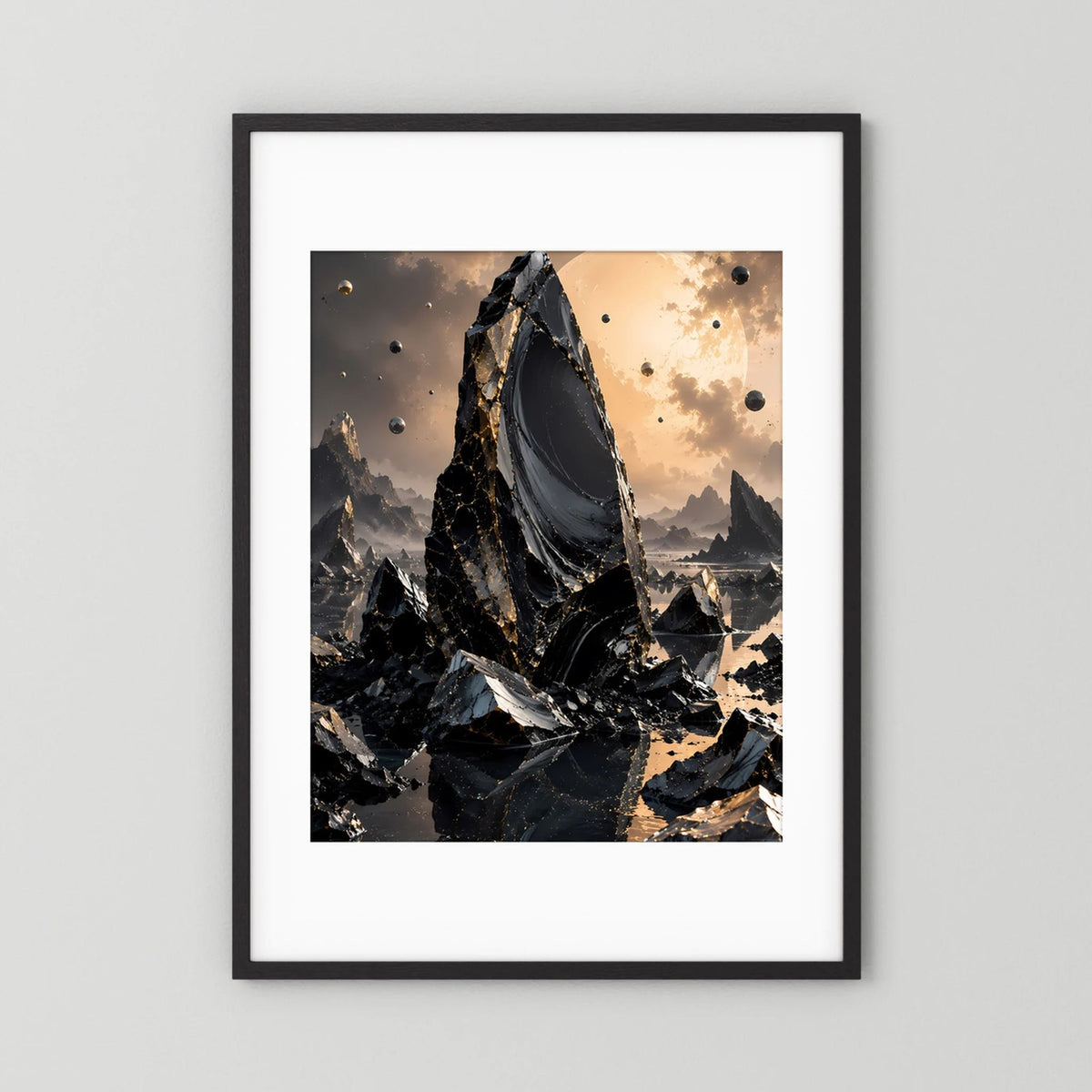 Gerahmtes Poster mit schwarzem Obsidian-Monolith, goldener Sonne, weißer Innenrand, schwarzer Rahmen