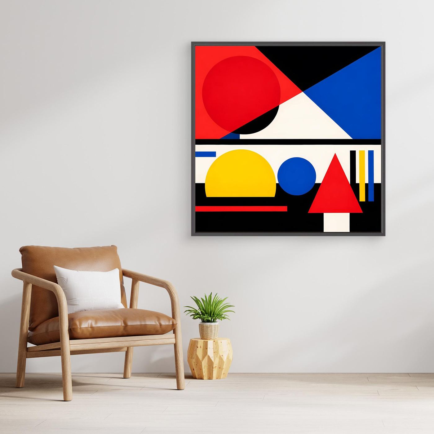 Gerahmtes Leinwandbild im Bauhaus-Stil mit roten, blauen und gelben geometrischen Flächen