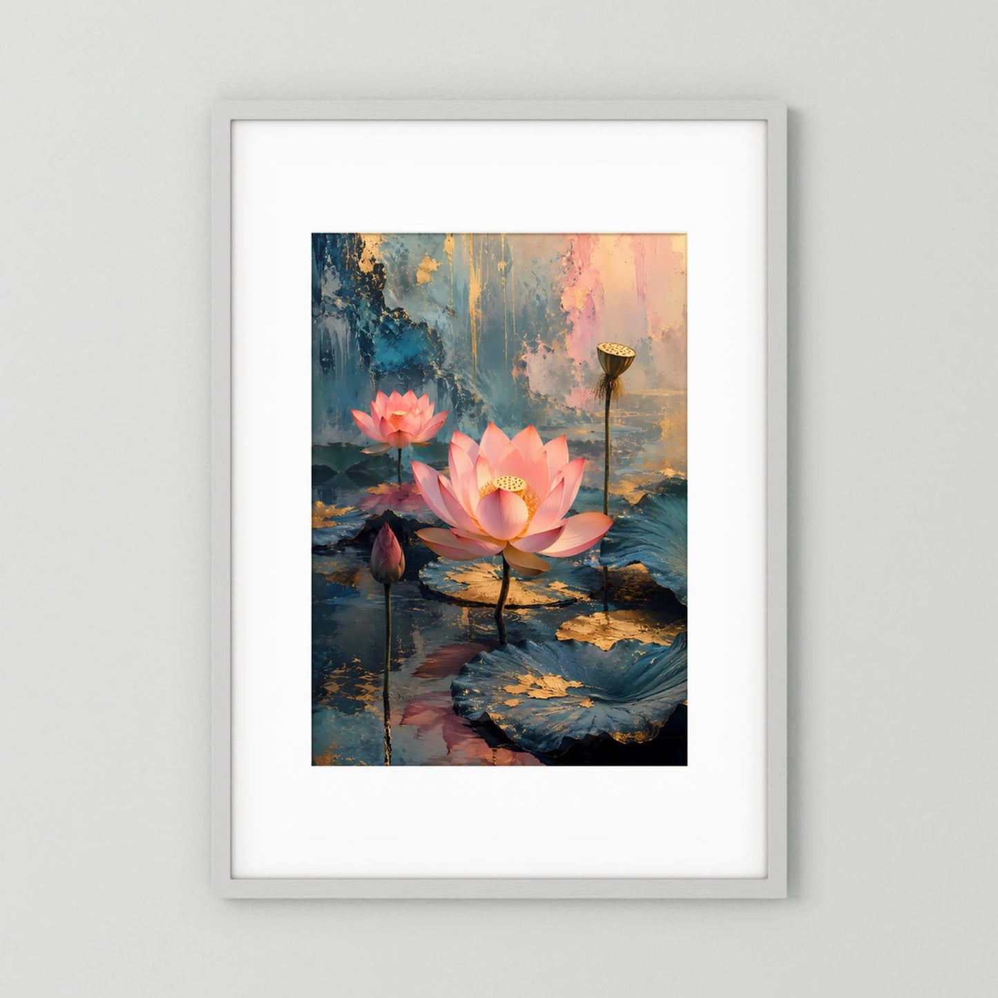 Gerahmtes Hochformat-Poster: rosa Lotusblüten auf türkisfarbenem Wasser mit goldenen Akzenten