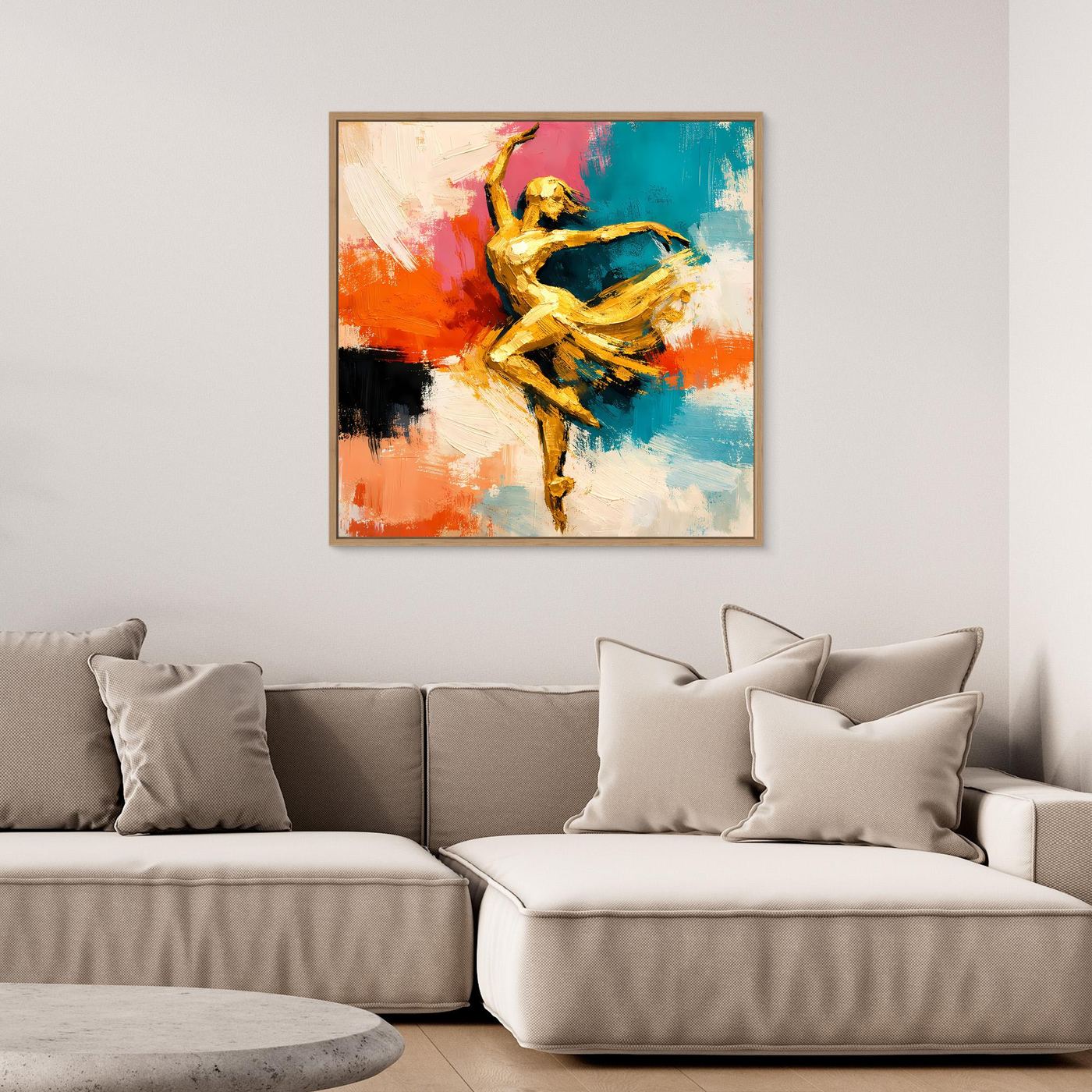 Leinwand Elegante Goldene Tänzerin im Flug | Abstraktes Ballett & Modern Art Wandbild