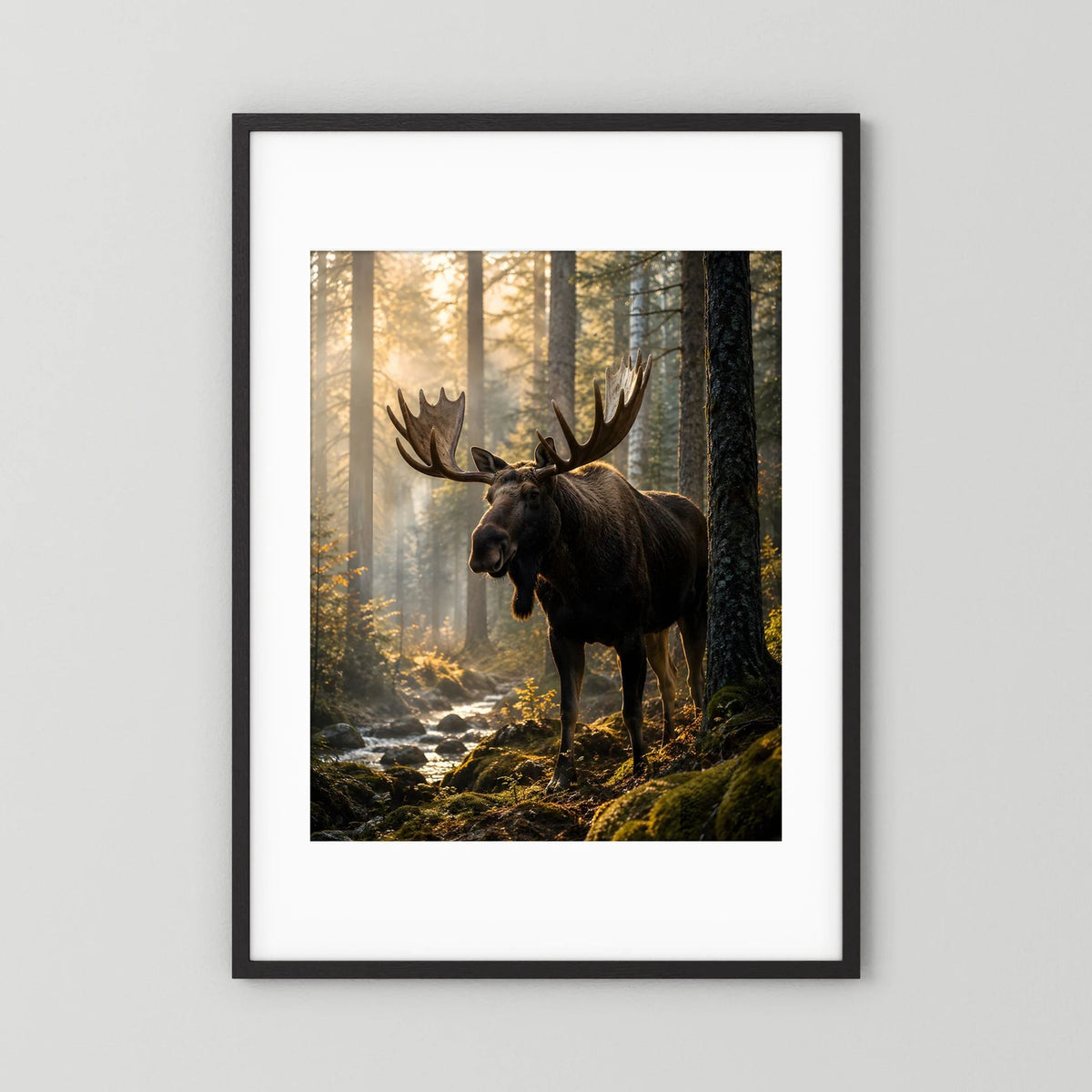 Elch-Naturposter im Wald: Geweih-Elch im Sonnenlicht, schwarzer Rahmen mit weißem Rand