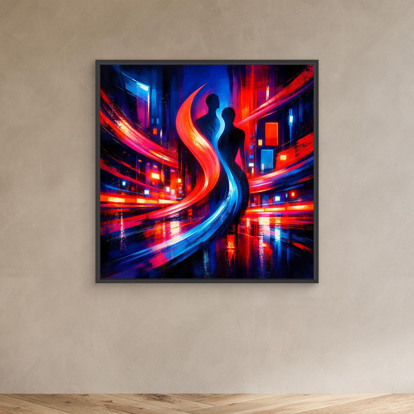 Abstraktes Leinwand-Wandbild mit schwarzem Rahmen, Neon-City und Paar-Silhouette