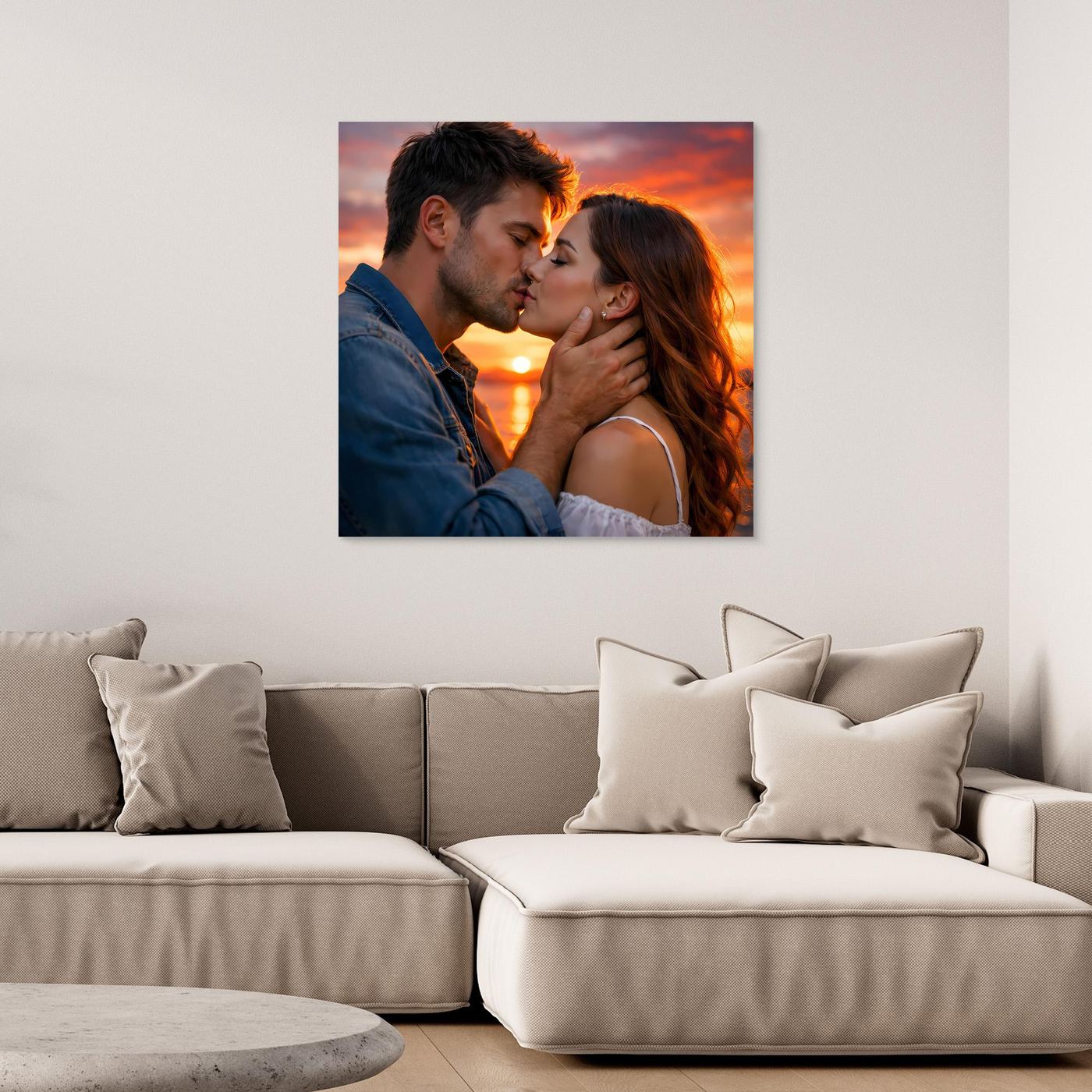 Leinwand Romantischer Kuss im Abendrot | Sinnliches Paar Wandbild