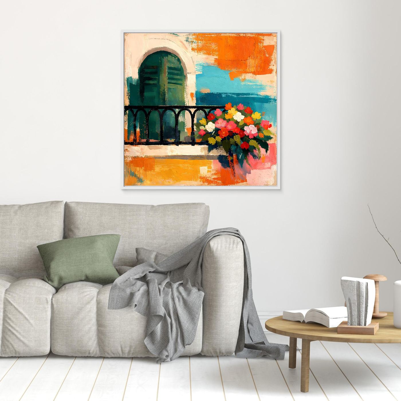Small framed Mediterranean balcony wall art with arched window and colorful flower bouquet, light border