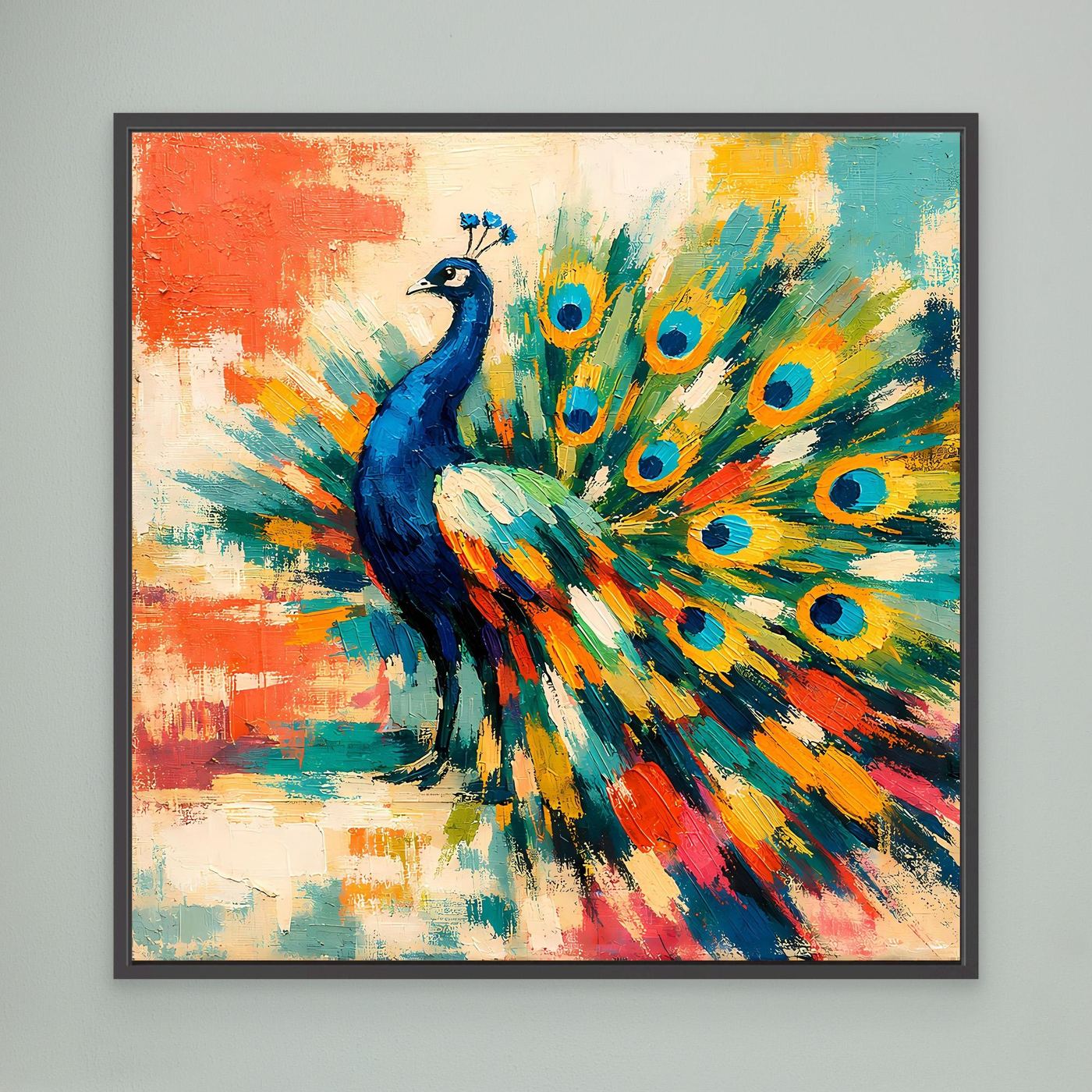 Peacock canvas wall art with colorful fan feathers, black frame