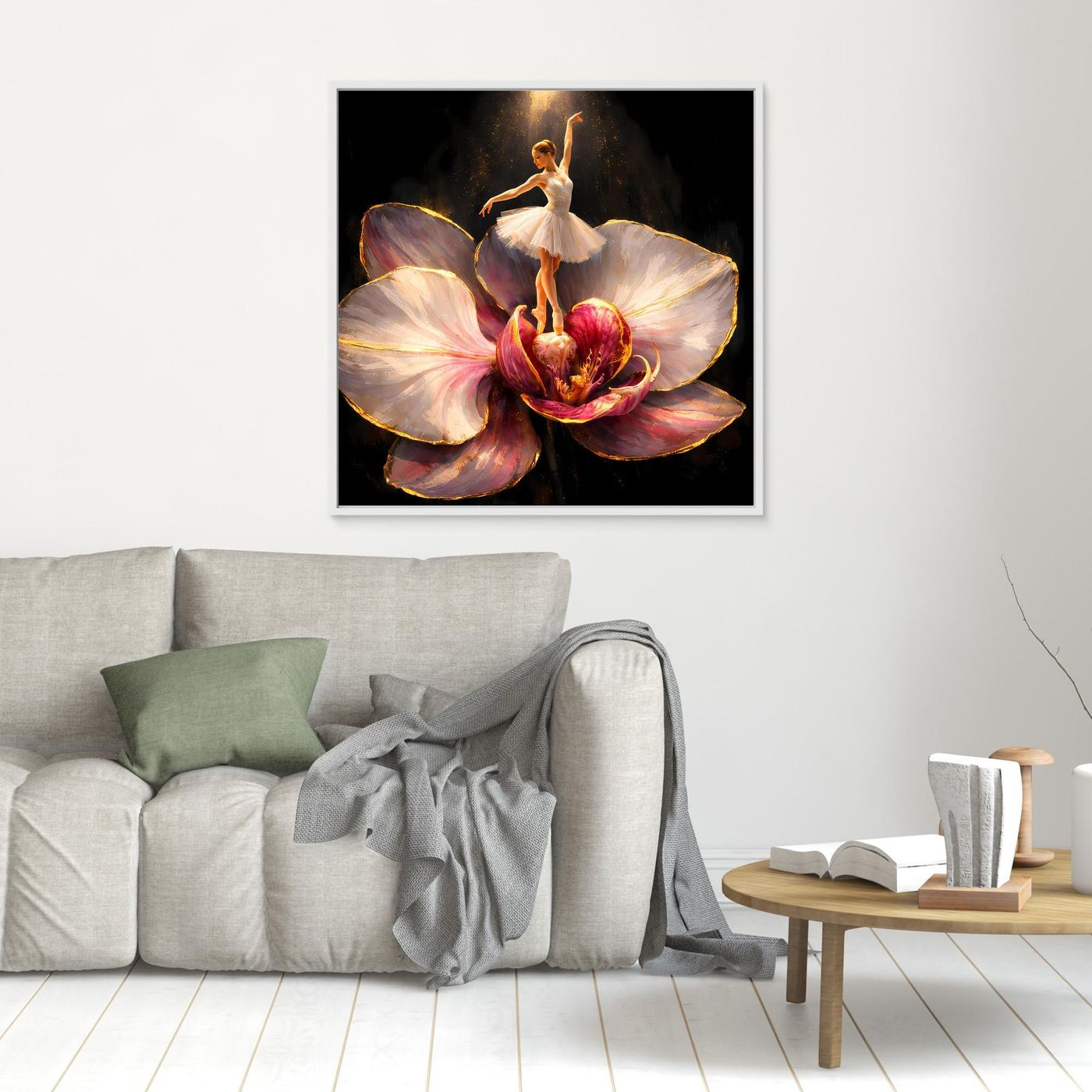 Premium Leinwand Elegante Ballerina auf Orchidee | Abstraktes Ballett Wandbild mit Goldakzenten