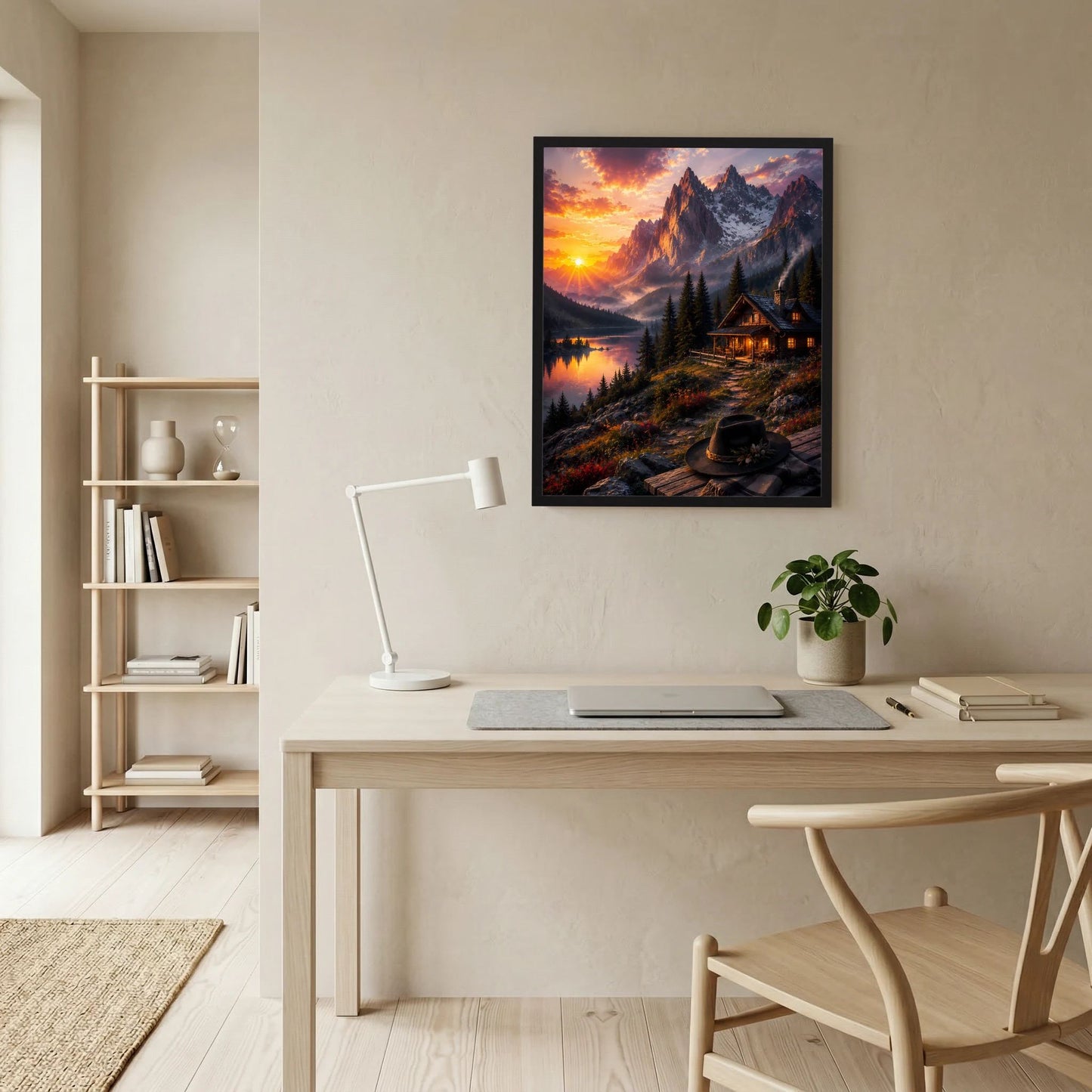 Hochformat-Poster im schwarzen Rahmen: Bergsee, Sonnenuntergang und Berghütte