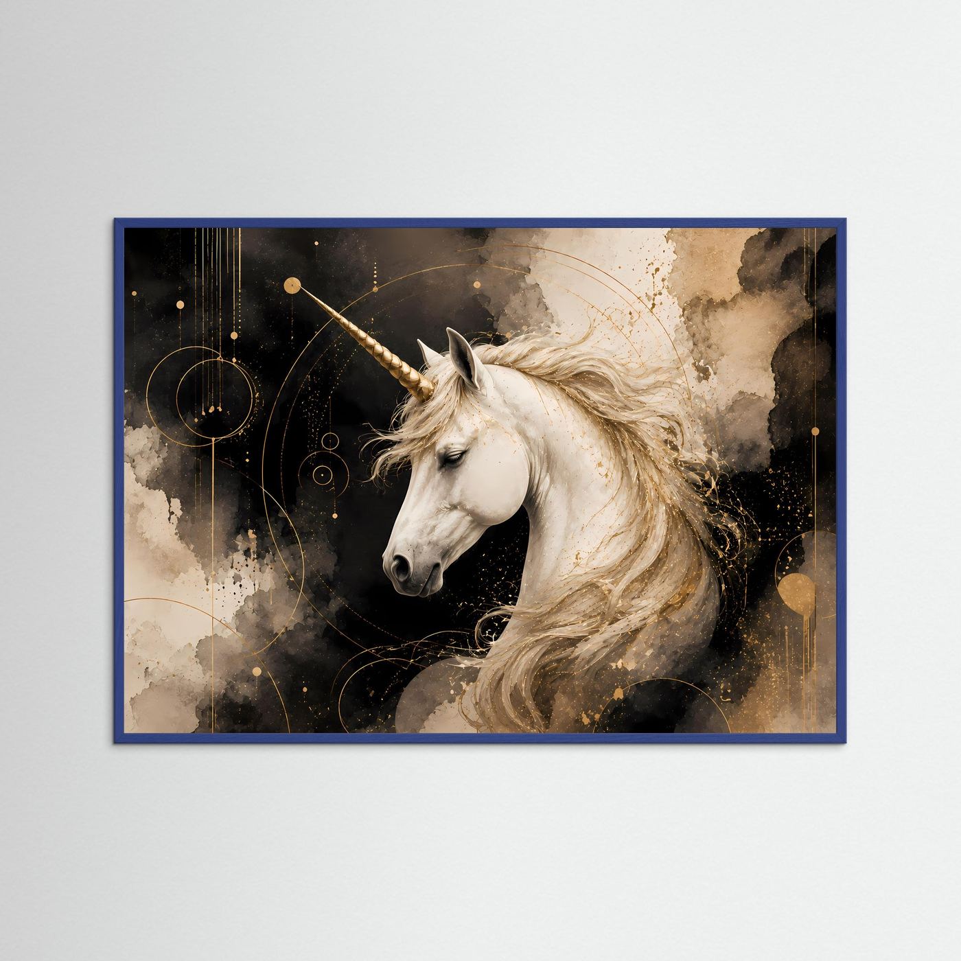 Poster im Querformat mit weißem Einhornkopf und goldener Fantasy-Illustration, blauem Rahmen