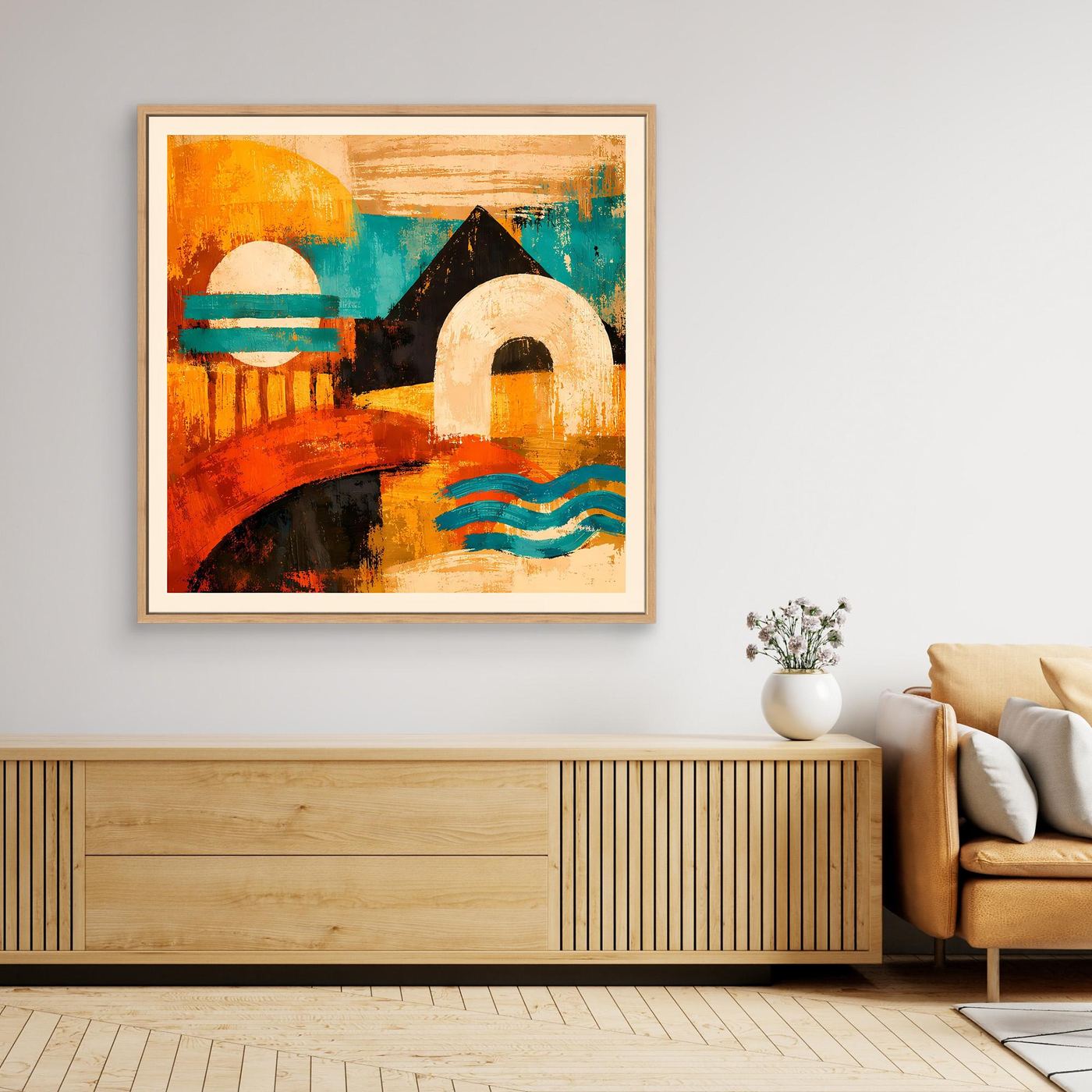 Abstraktes Leinwandbild mit buntem Gesicht, Holzrahmen, orange und türkis.