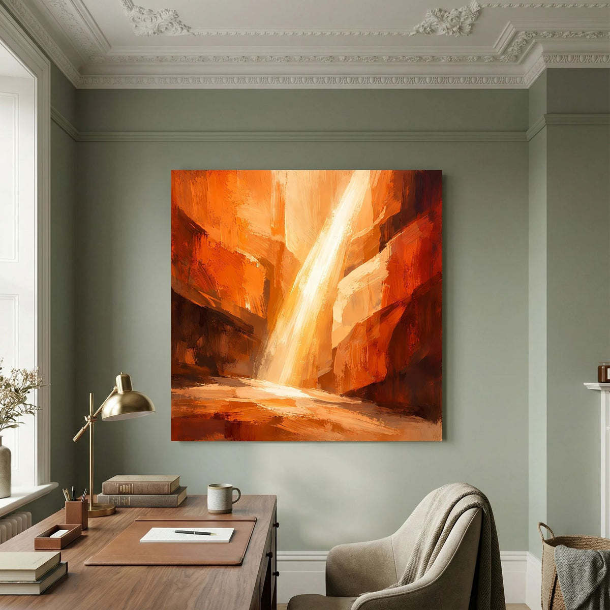Abstraktes Leinwand-Wandbild mit orangefarbenen Felsen und hellem Lichtstrahl