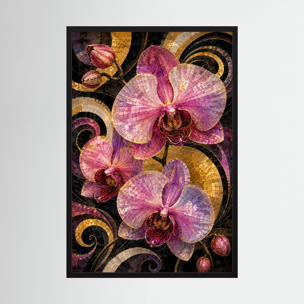 Hochformatiges Kunstposter mit schwarzen Rahmen und rosa Orchideen im Mosaikdesign.