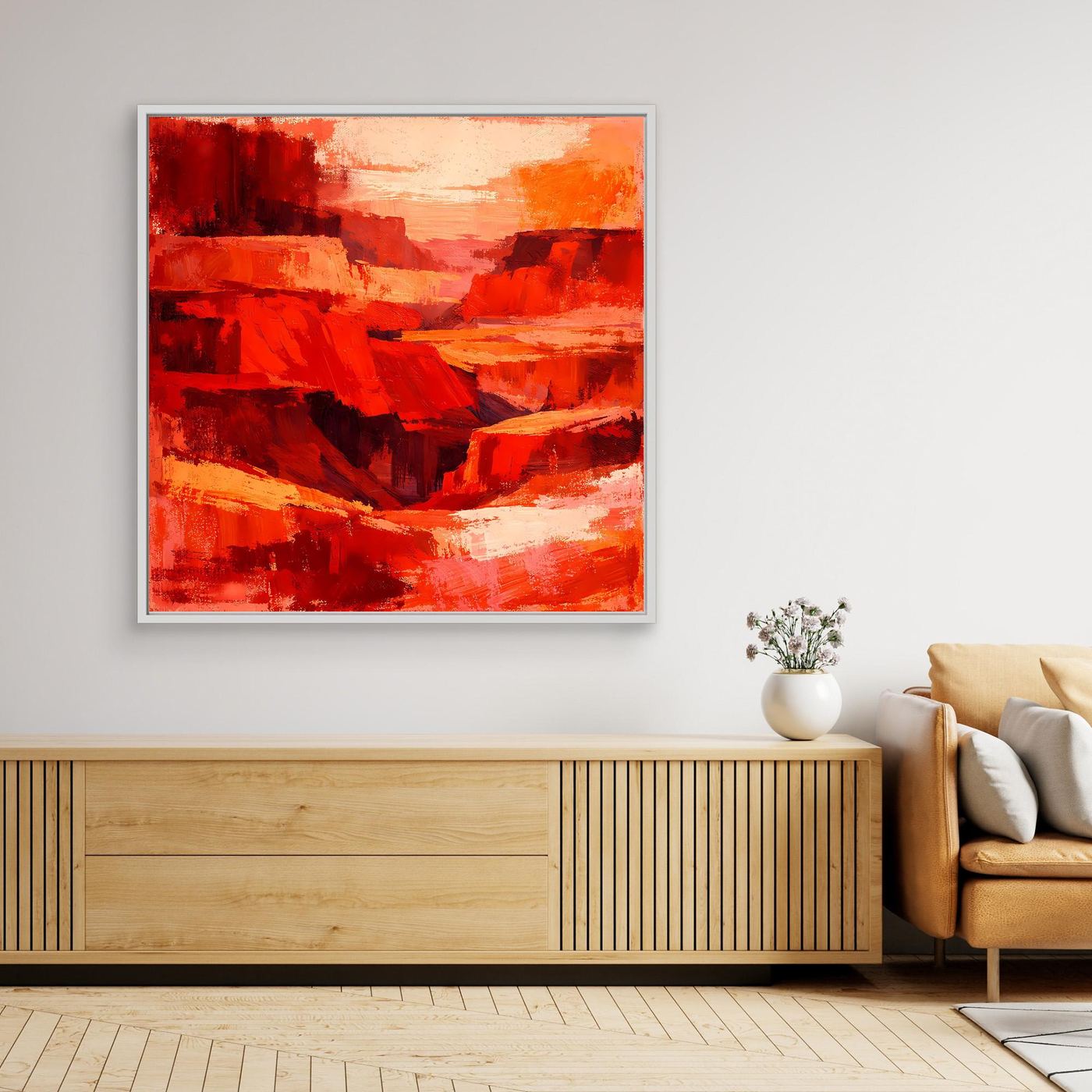 Gerahmtes Leinwand-Wandbild, abstrakte Canyonlandschaft in Rot/Orange, silberner Rahmen