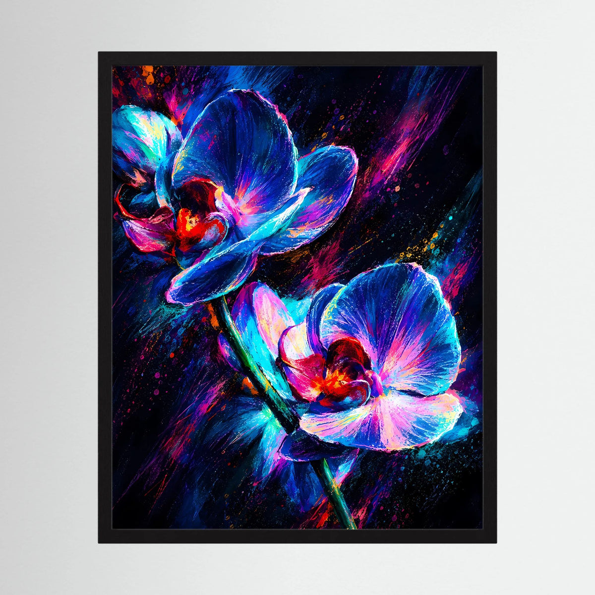 Wandposter mit leuchtenden Orchideen in Neon-Blau und Pink, schwarzer Rahmen