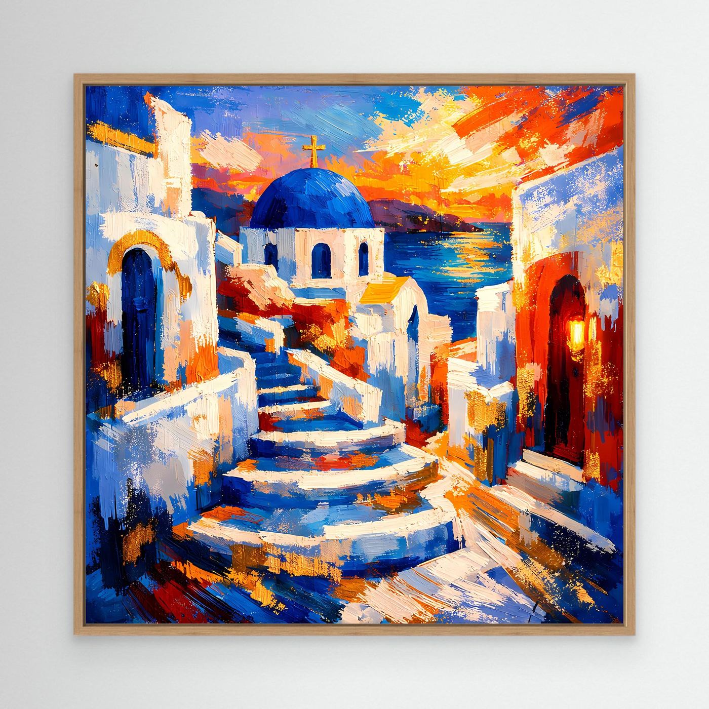 Leinwandbild mit Ansicht griechischer Häuser und Treppe im Sonnenuntergang, mit hellem Holzrahmen