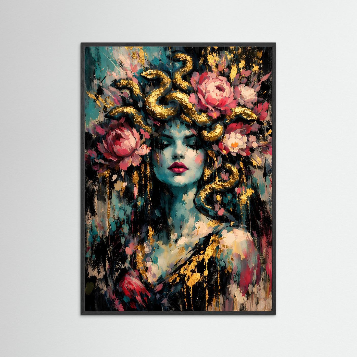 Hochformatiges Kunstposter mit schwarzem Rahmen: Frauenporträt in Türkis, Rosen und goldene Ornamente.