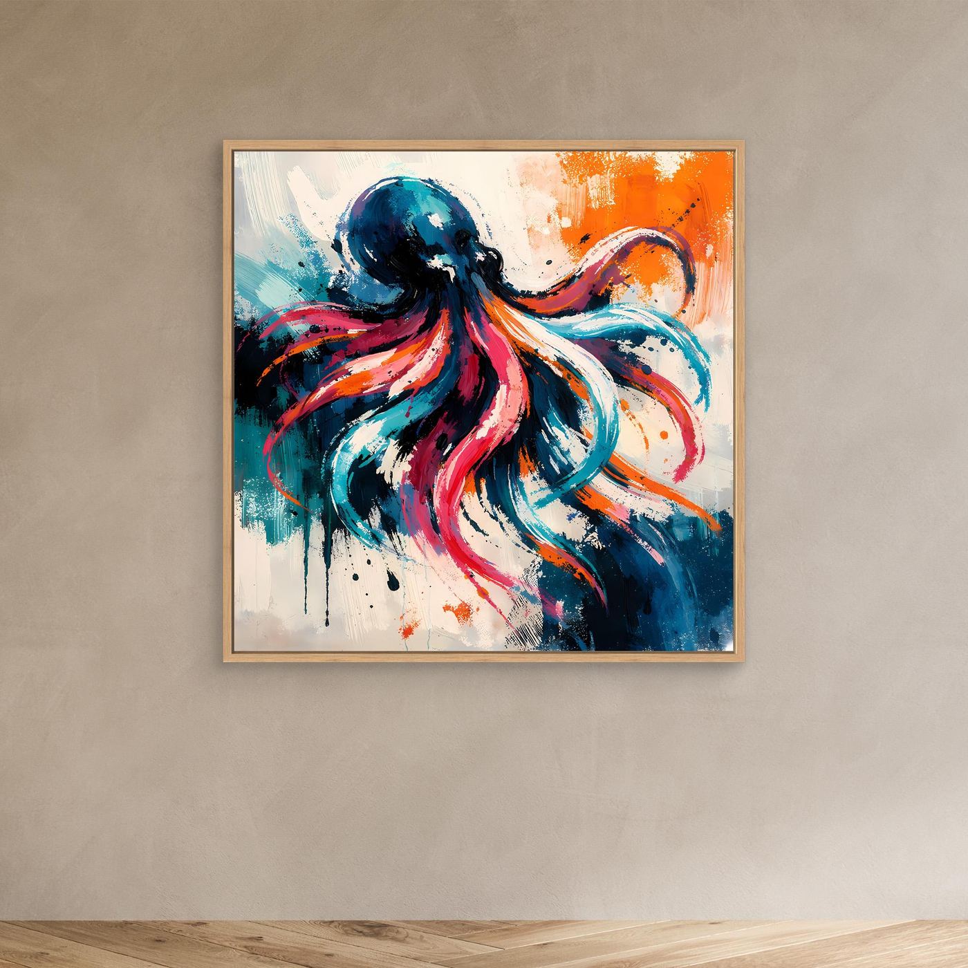Leinwand Dynamischer Oktopus im Farbenmeer | Abstraktes Krake Wandbild