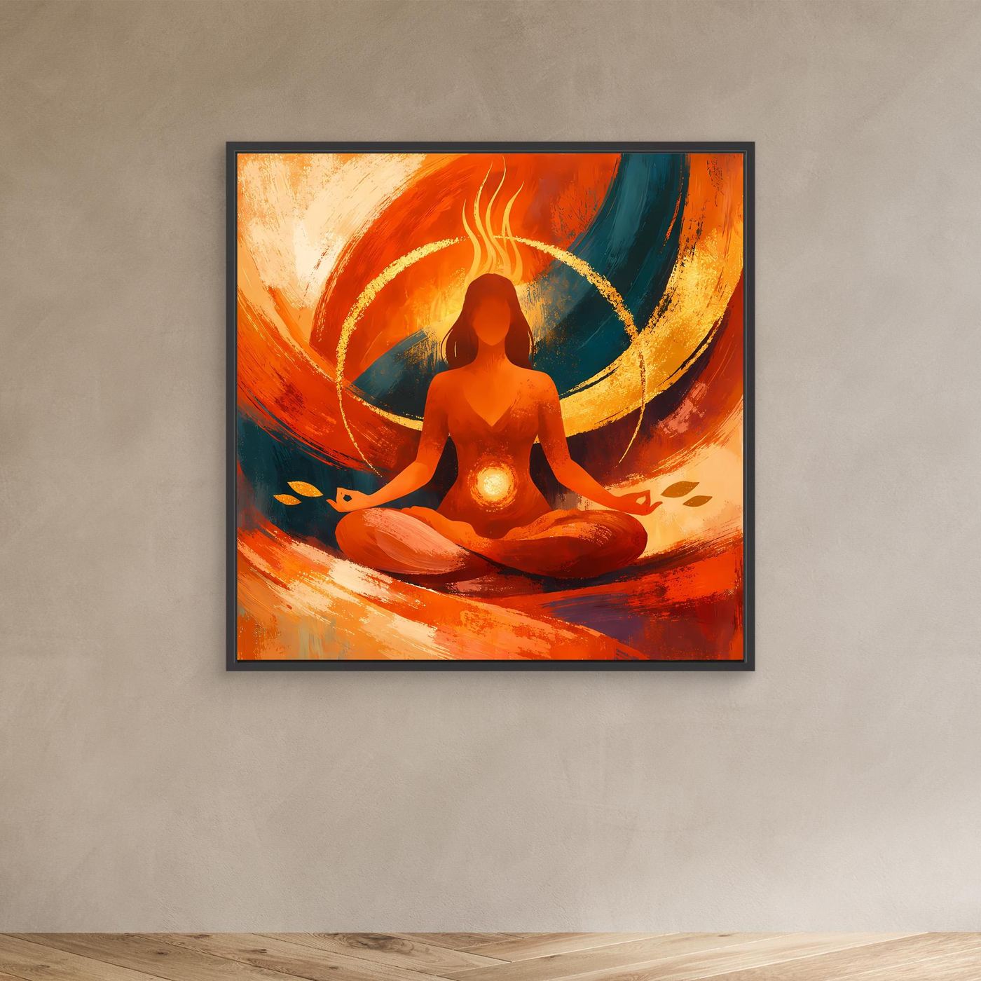 Leinwandbild mit meditierender Yogaperson in Orange, Gold und Blau, schwarzer Rahmen