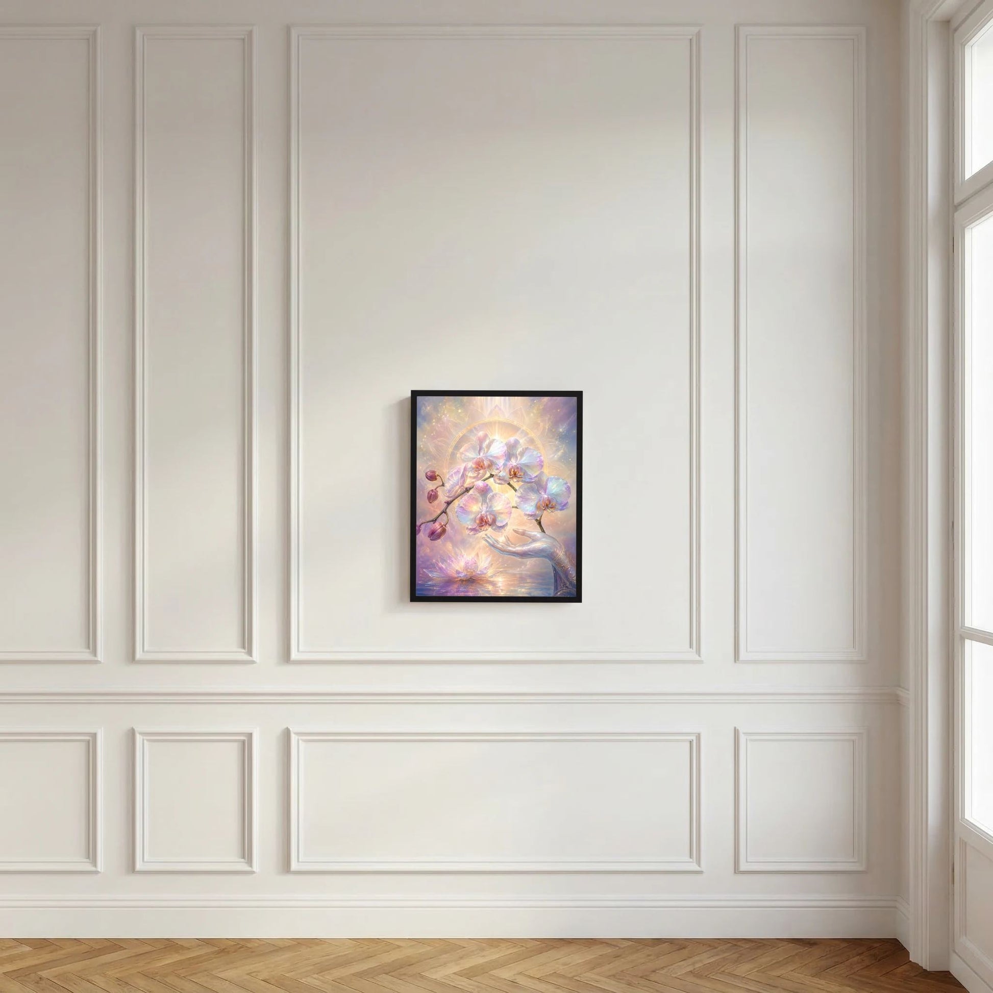 Gerahmtes Kunstposter im Hochformat mit Pastell-Orchideen, Lotus und goldener Lichthalo