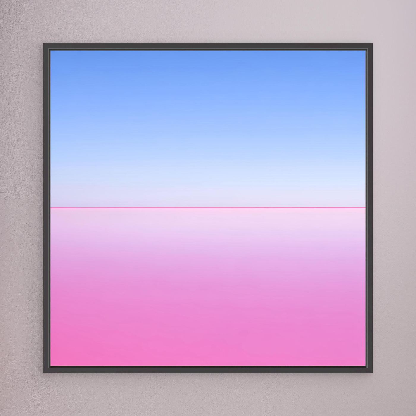 Quadratisches Leinwandbild mit Pastell-Horizont: Blau oben, Pink unten, schwarzer Rahmen