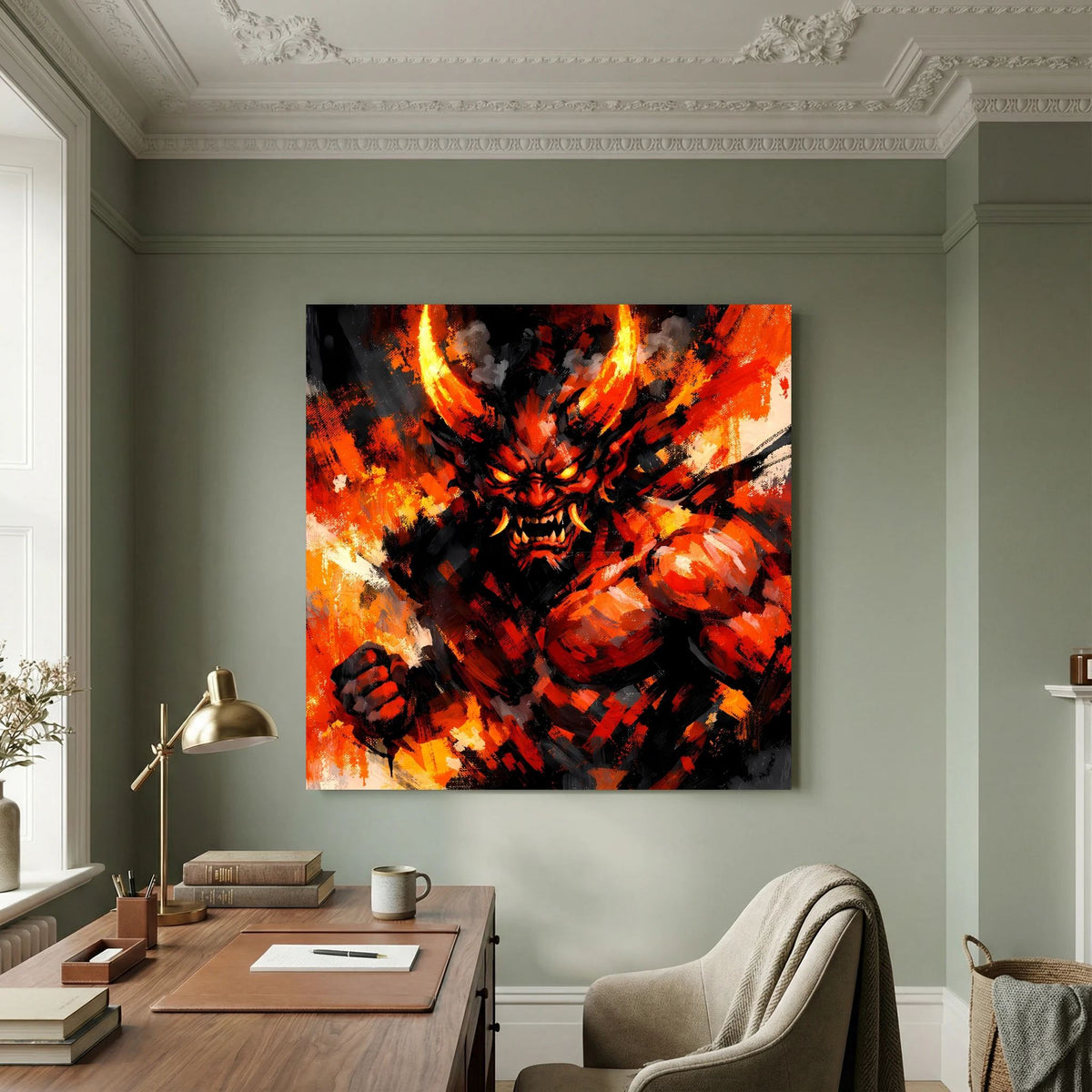 Gerahmtes Leinwand-Wandbild mit feuerspeiendem Oni-Dämon, schwarz-oranges Flammenmotiv