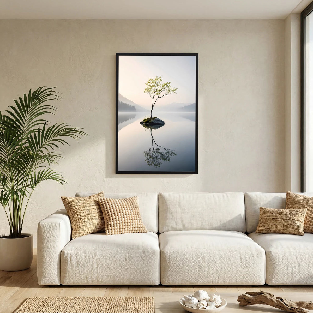 Einsamer Baum im Bergsee | Minimalistische Natur mit Spiegelung | Poster Hochformat