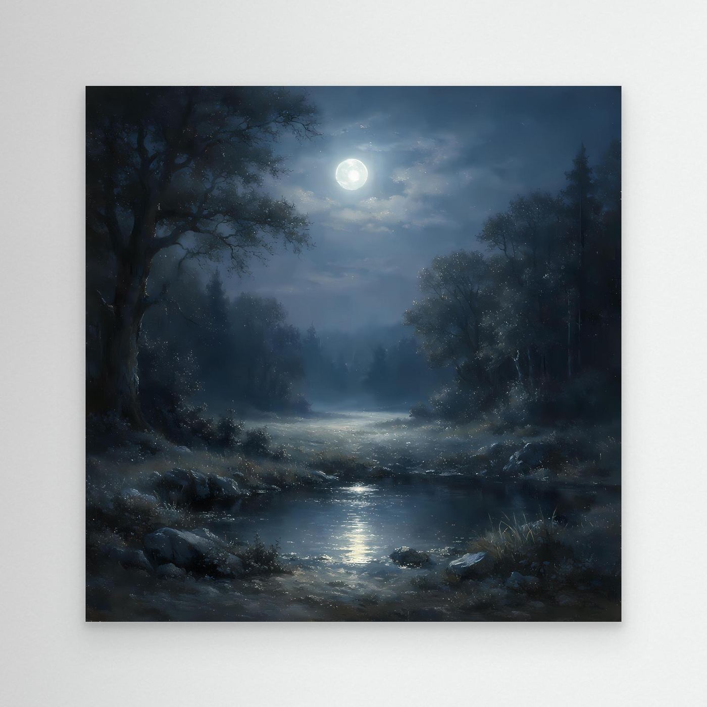 Leinwandbild Nachtwald mit Fluss und hellem Mond, Nebelstimmung, ohne Rahmen