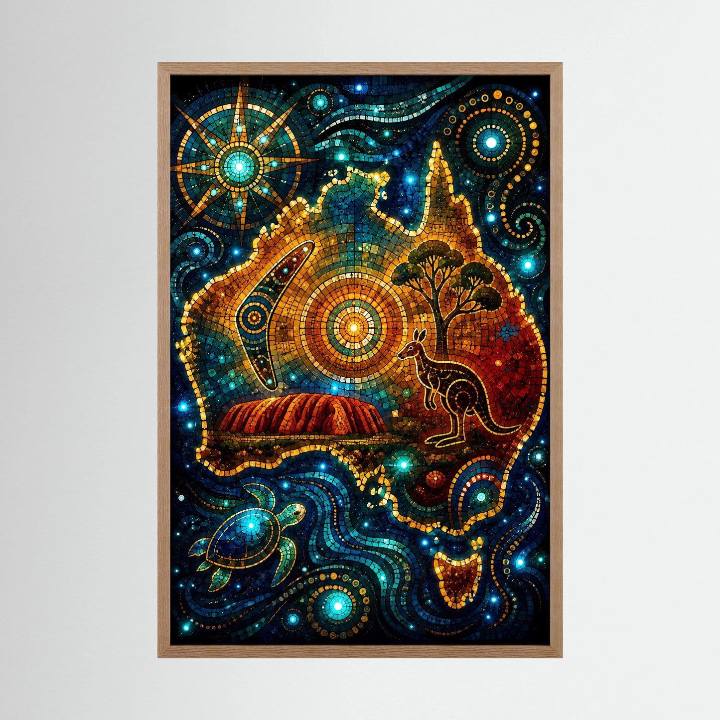 Gerahmtes Hochformat-Poster mit Mosaikmotiv: Känguru, Uluru und Meeresschildkröte, Eichenrahmen.