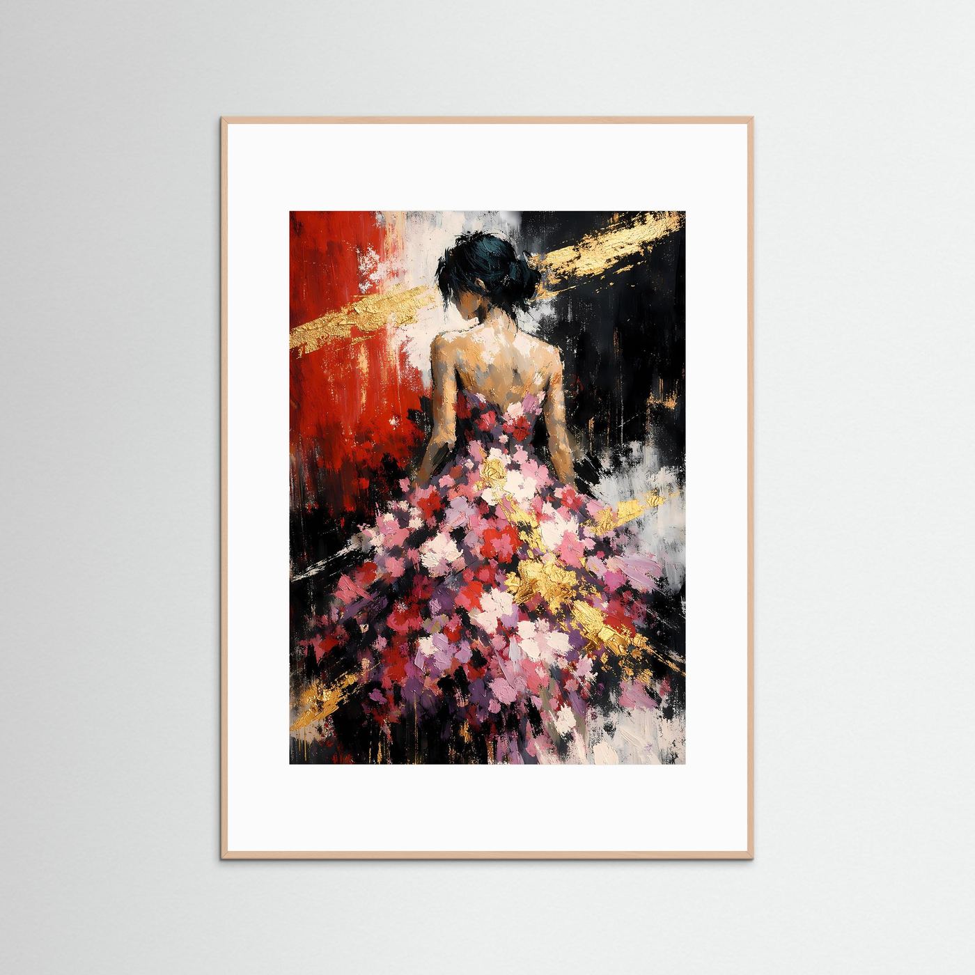 Mode-Kunstposter im Hochformat mit abstraktem Frauenportrait, weiß gerahmt