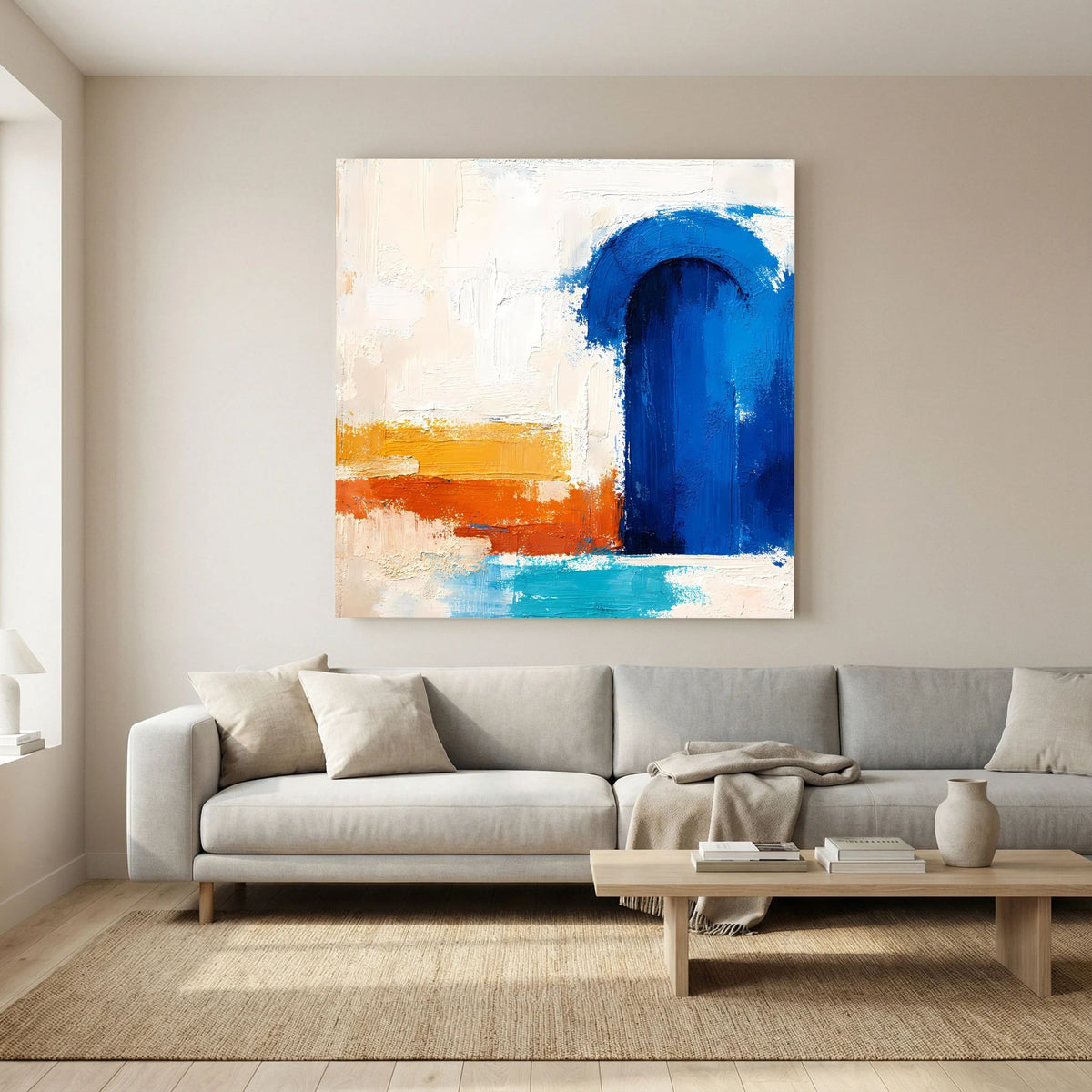 Weiß gerahmtes Leinwandbild mit blauem Torbogen, weißem Hintergrund und orange-blauen Strichen