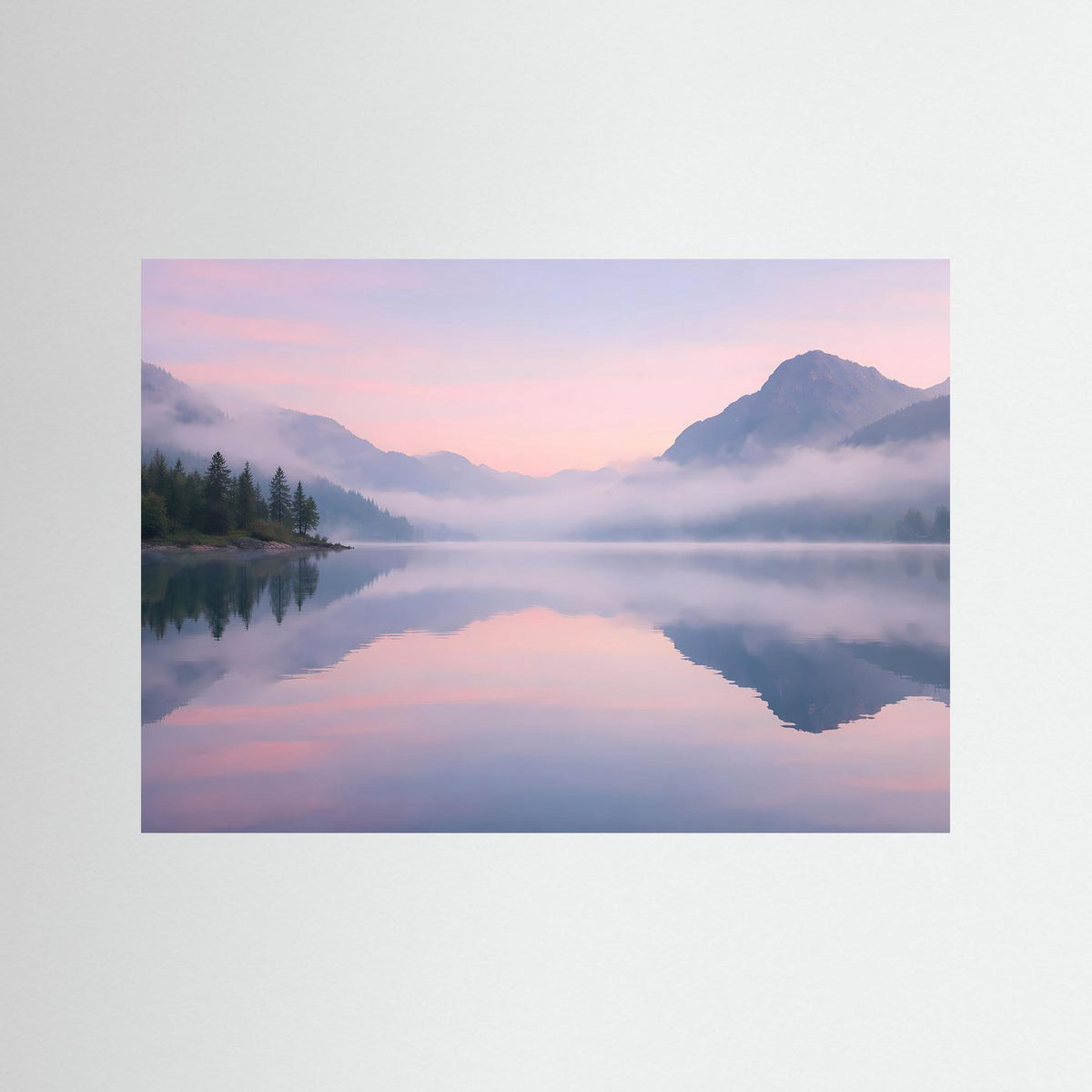 Wandkunst Bergsee-Landschaft im Dämmerlicht, rosa-blaue Farbtöne, ohne Rahmen