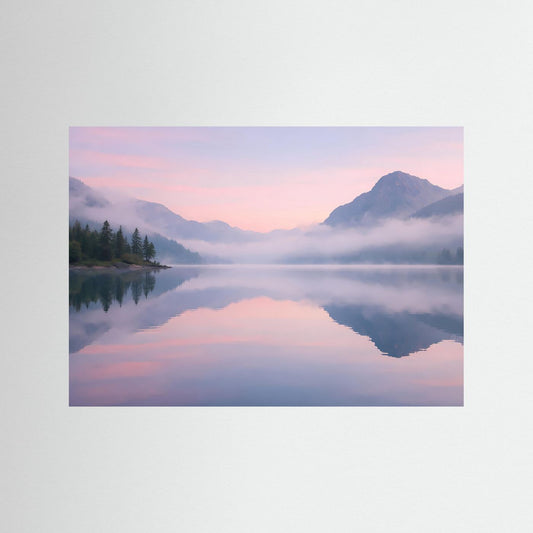 Wandkunst Bergsee-Landschaft im Dämmerlicht, rosa-blaue Farbtöne, ohne Rahmen