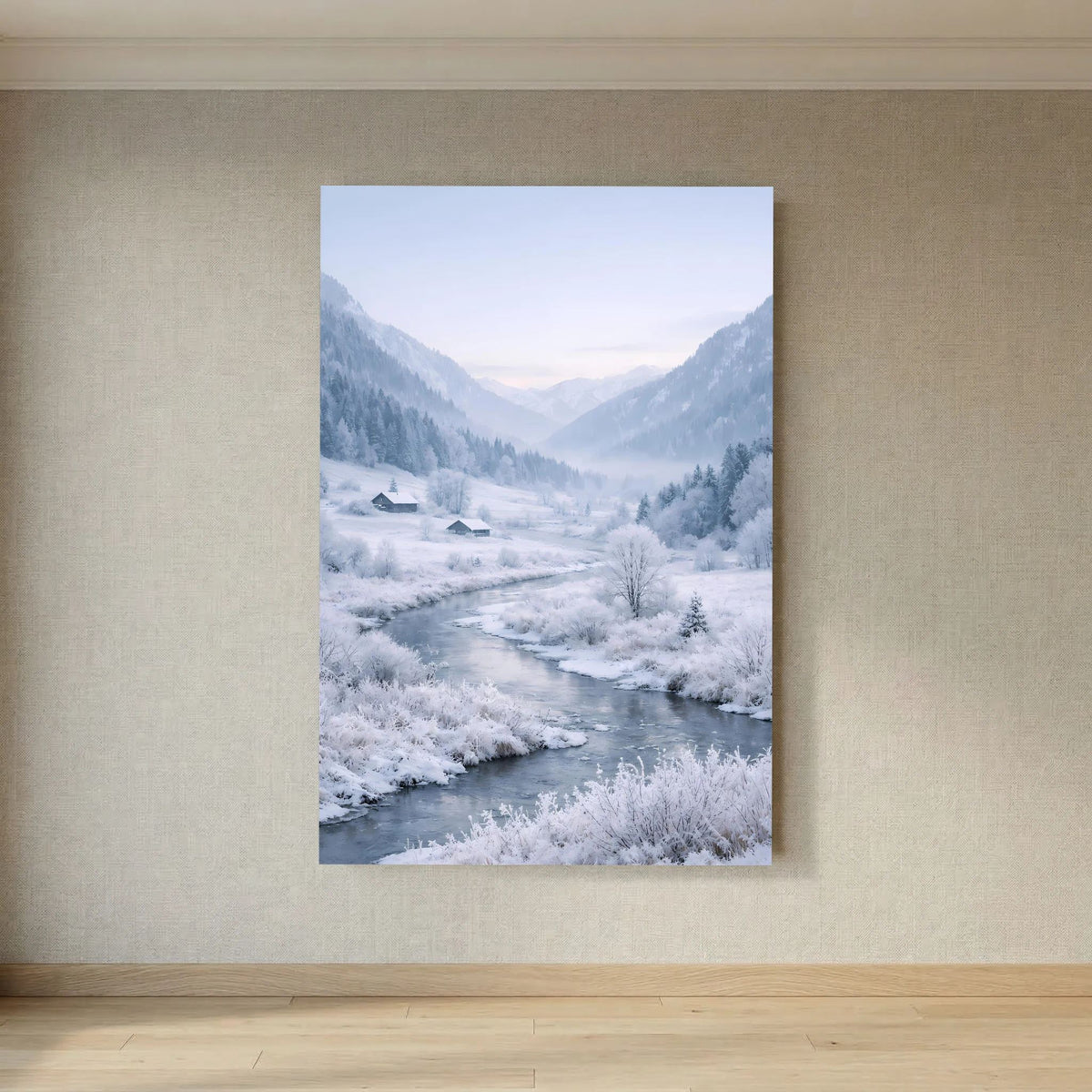 Hochkant-Wandposter mit verschneiten Ufern und Flusslauf, weißer Rand