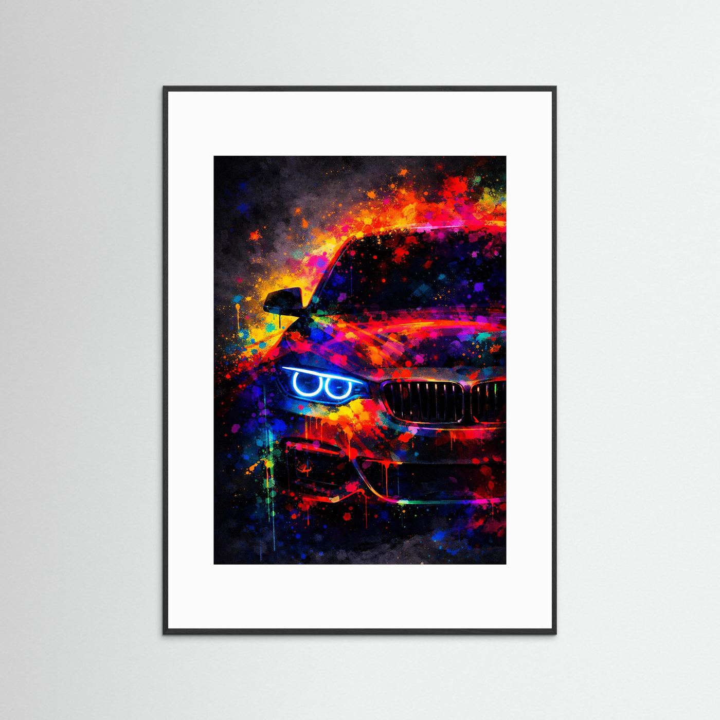 Abstraktes Sportwagen-Poster mit neonfarbener BMW-Optik, Hochformat, weißer Rand und schwarzer Rahmen