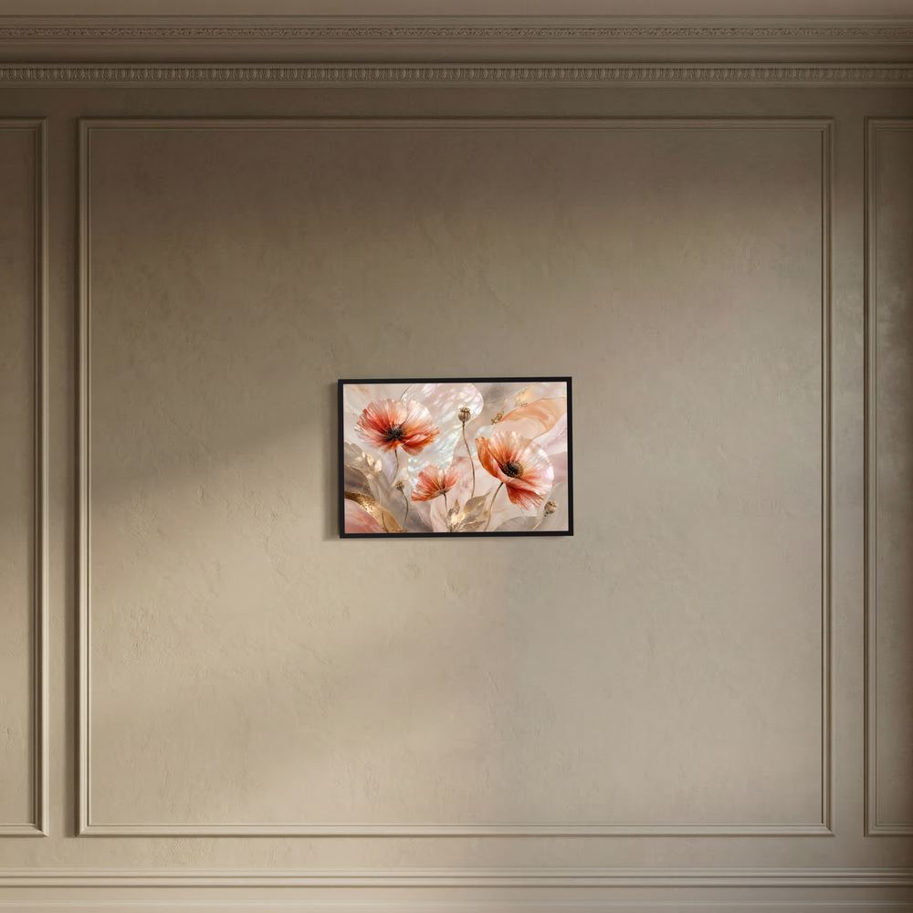 Gerahmtes Querformat-Poster mit abstraktem Mohnblumen-Motiv in Pastell, rosé und perlmutt