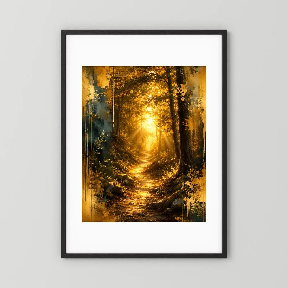 Wandposter Waldweg mit Sonnenlicht, schwarzer Rahmen mit weißem Passepartout